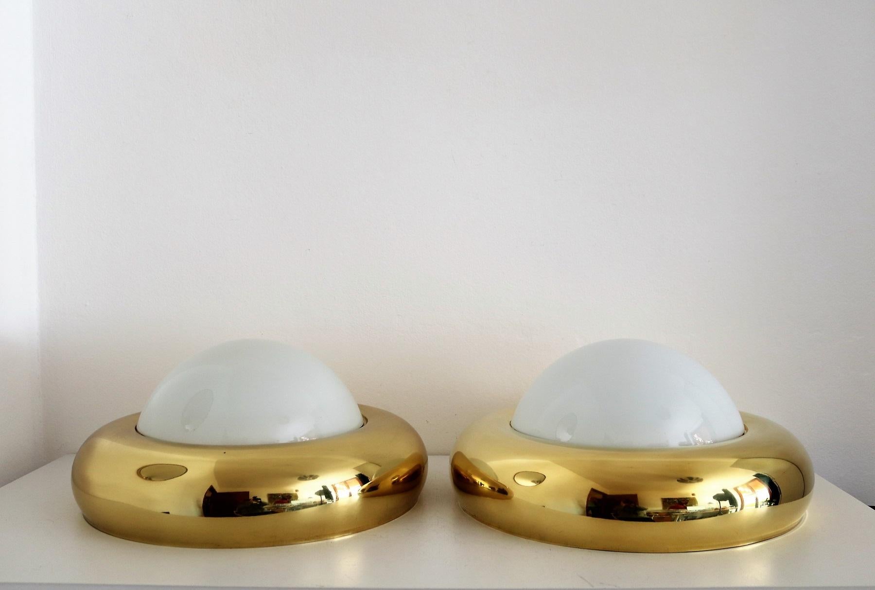 Mid-Century Modern Italian Midcentury Flush Mount Light in Brass and Opaline Glass by Valenti 1970s