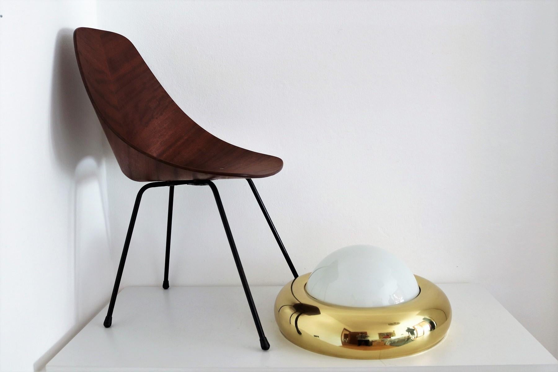 Italian MidCentury Flush Mount Light in Brass and Opaline Glass by Valenti 1970s In Good Condition In Morazzone, Varese