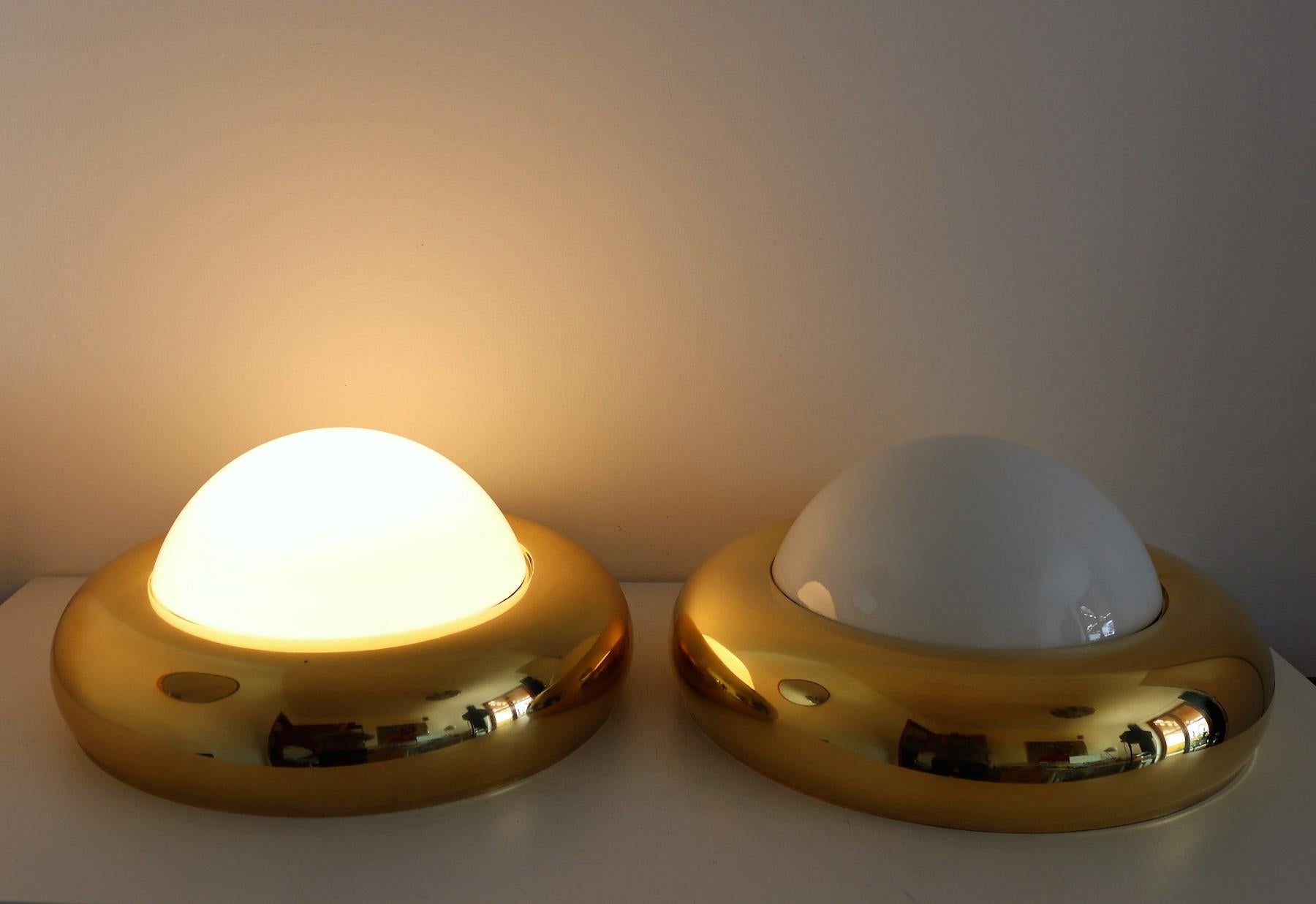 Late 20th Century Italian Midcentury Flush Mount Light in Brass and Opaline Glass by Valenti 1970s