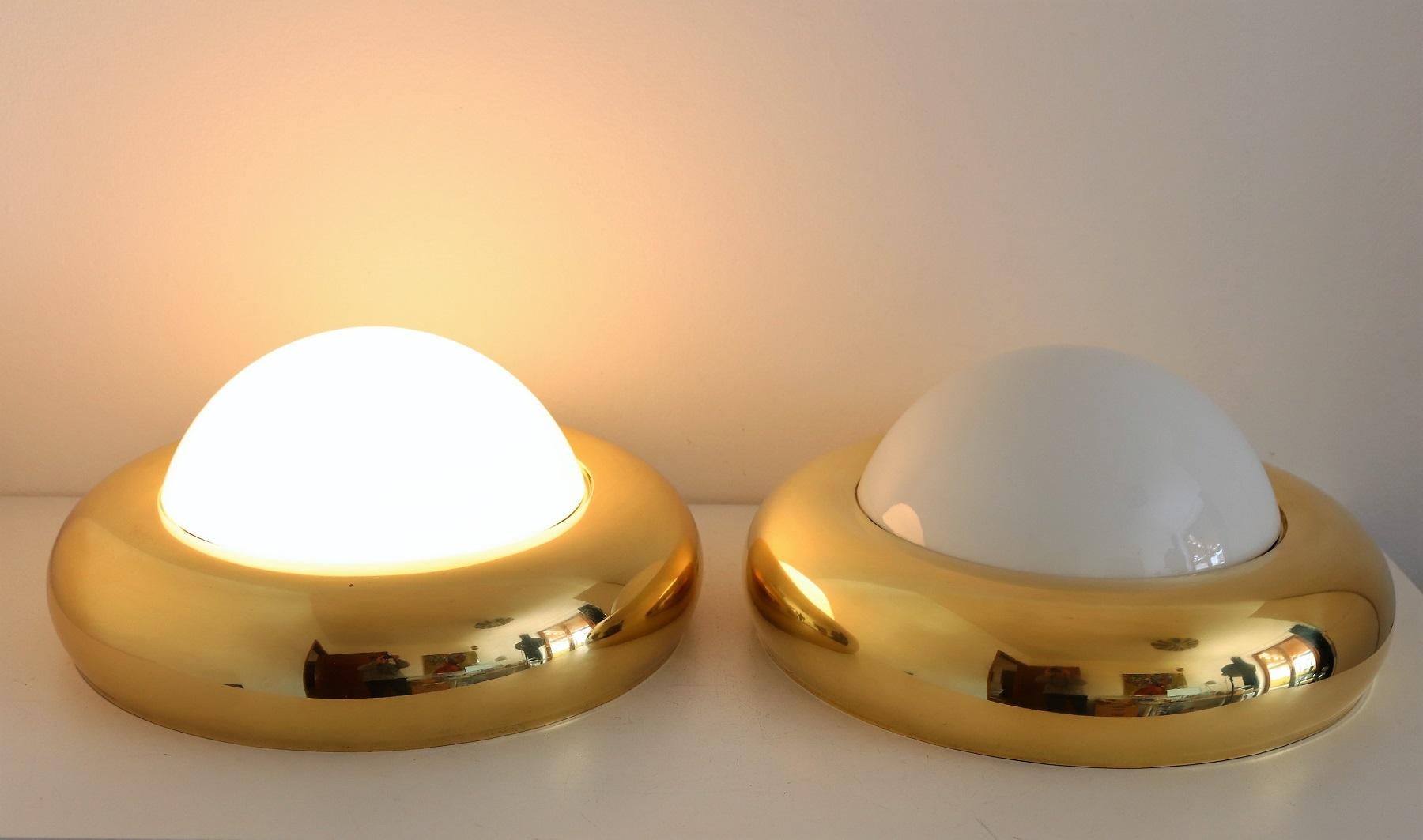 Italian Midcentury Flush Mount Light in Brass and Opaline Glass by Valenti 1970s 1