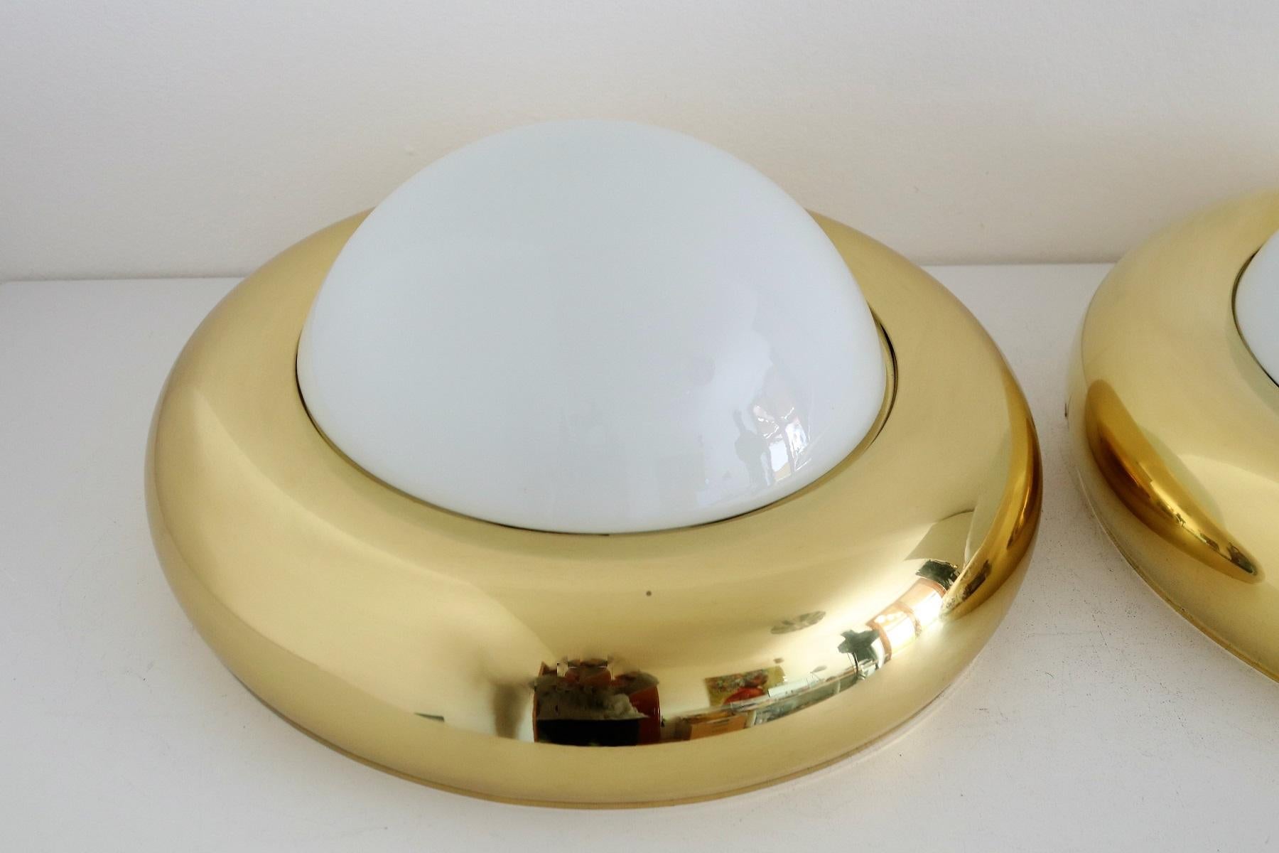 Italian Midcentury Flush Mount Light in Brass and Opaline Glass by Valenti 1970s 2