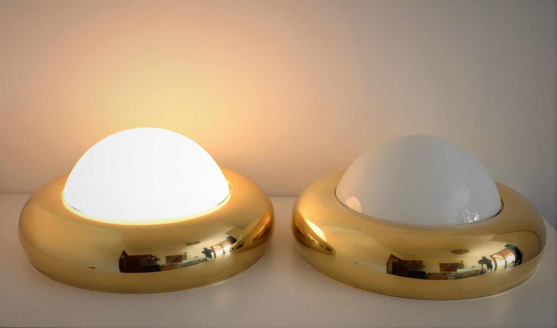 Italian MidCentury Flush Mount Light in Brass and Opaline Glass by Valenti 1970s 2