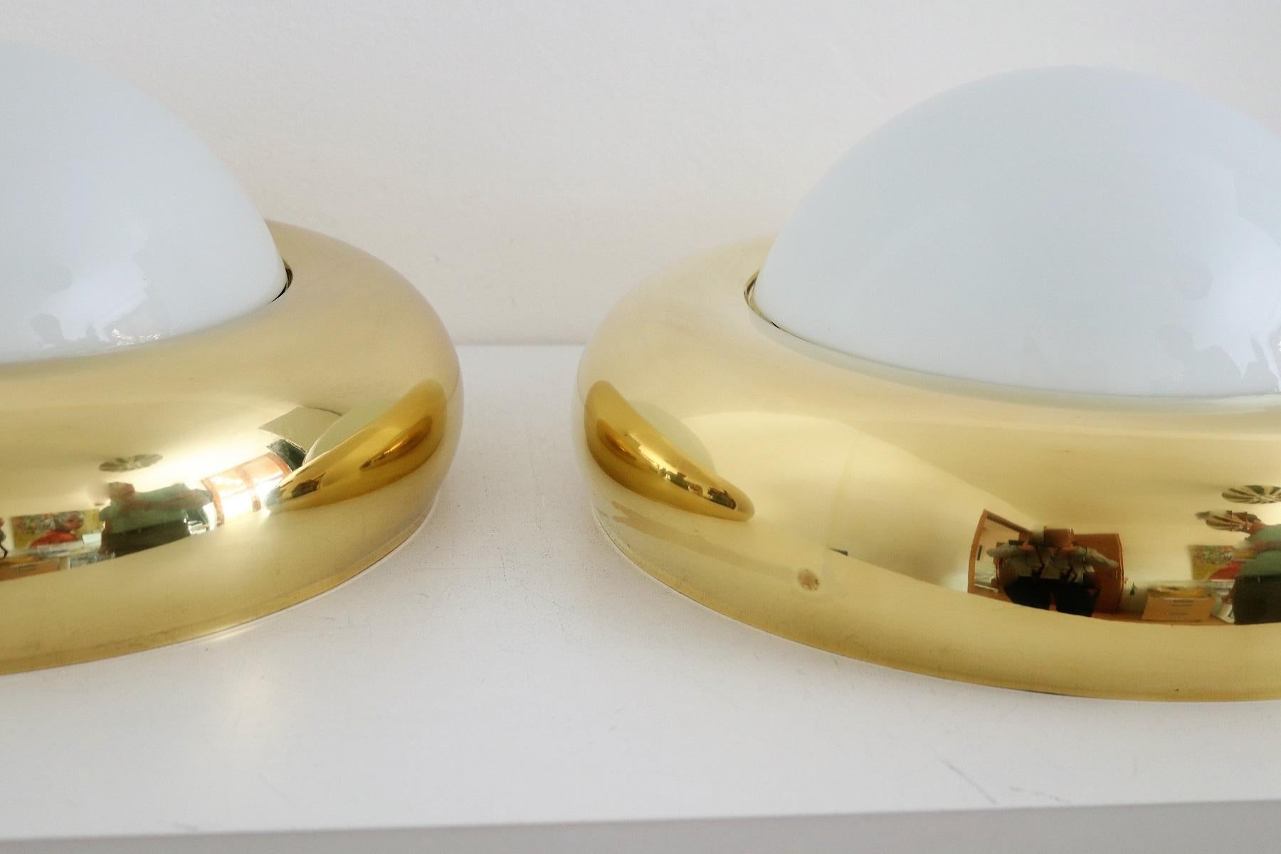 Italian Midcentury Flush Mount Light in Brass and Opaline Glass by Valenti 1970s 3
