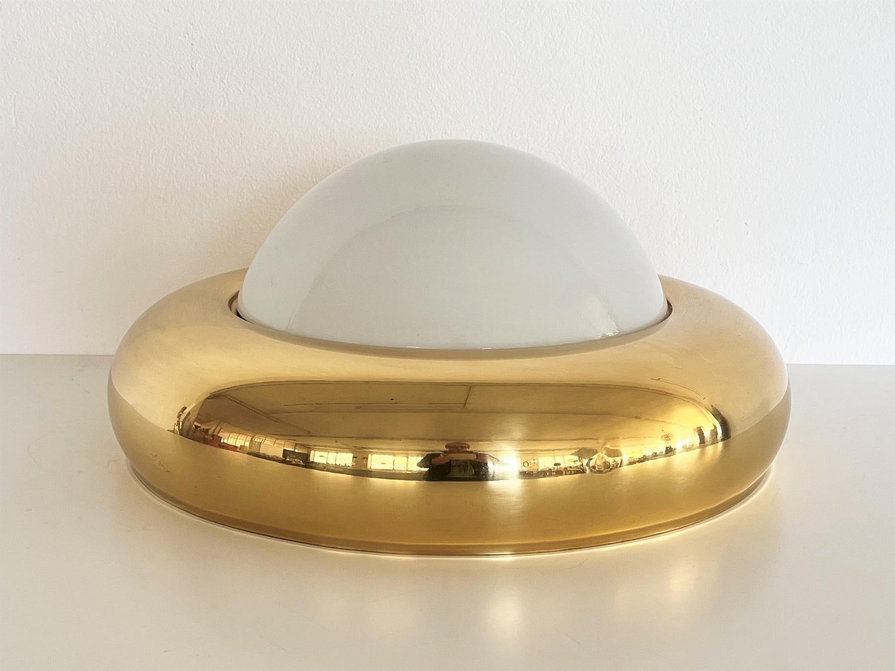 Italian MidCentury Flush Mount Light in Brass and Opaline Glass by Valenti 1970s 3