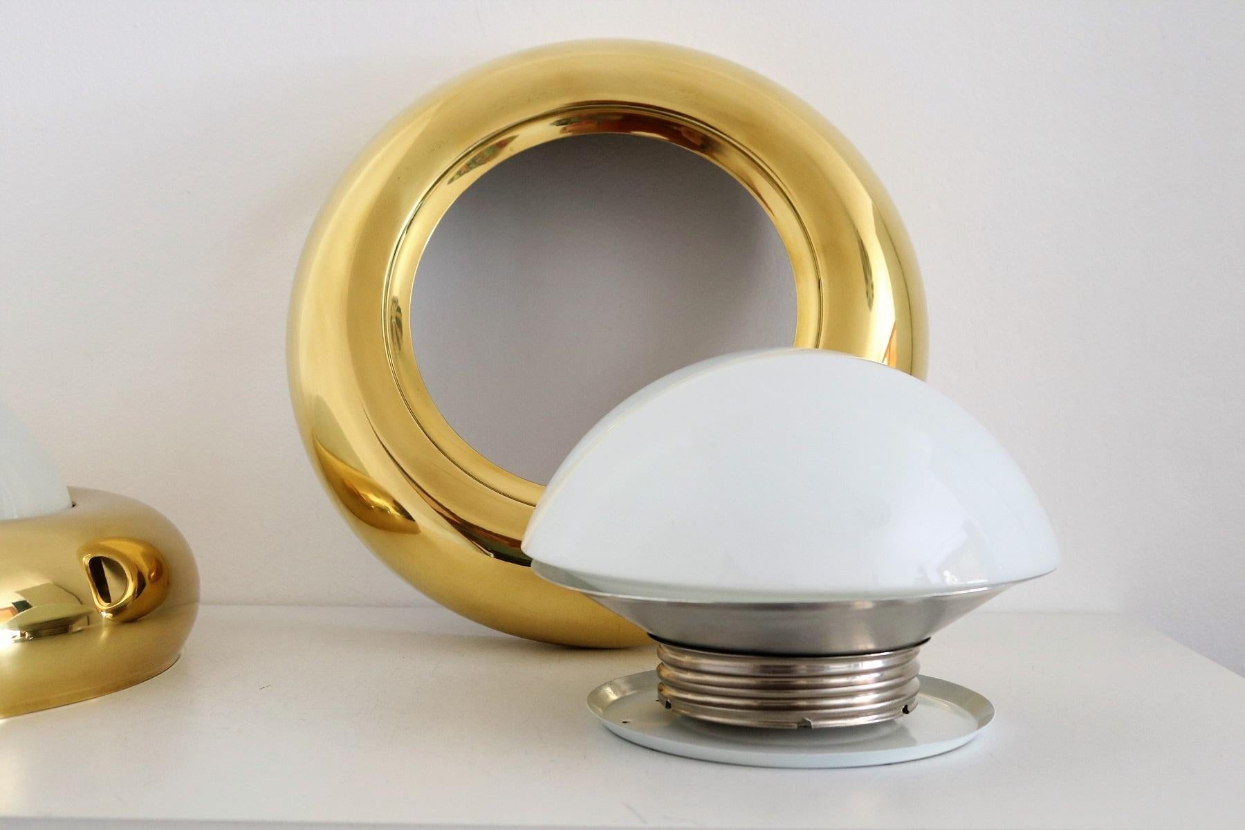 Italian Midcentury Flush Mount Light in Brass and Opaline Glass by Valenti 1970s 4