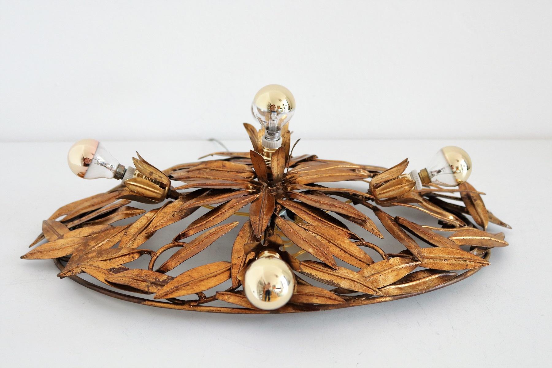 Italian Midcentury Flush Mount Light or Wall Lamp with Gilt Leaves, 1950s 4