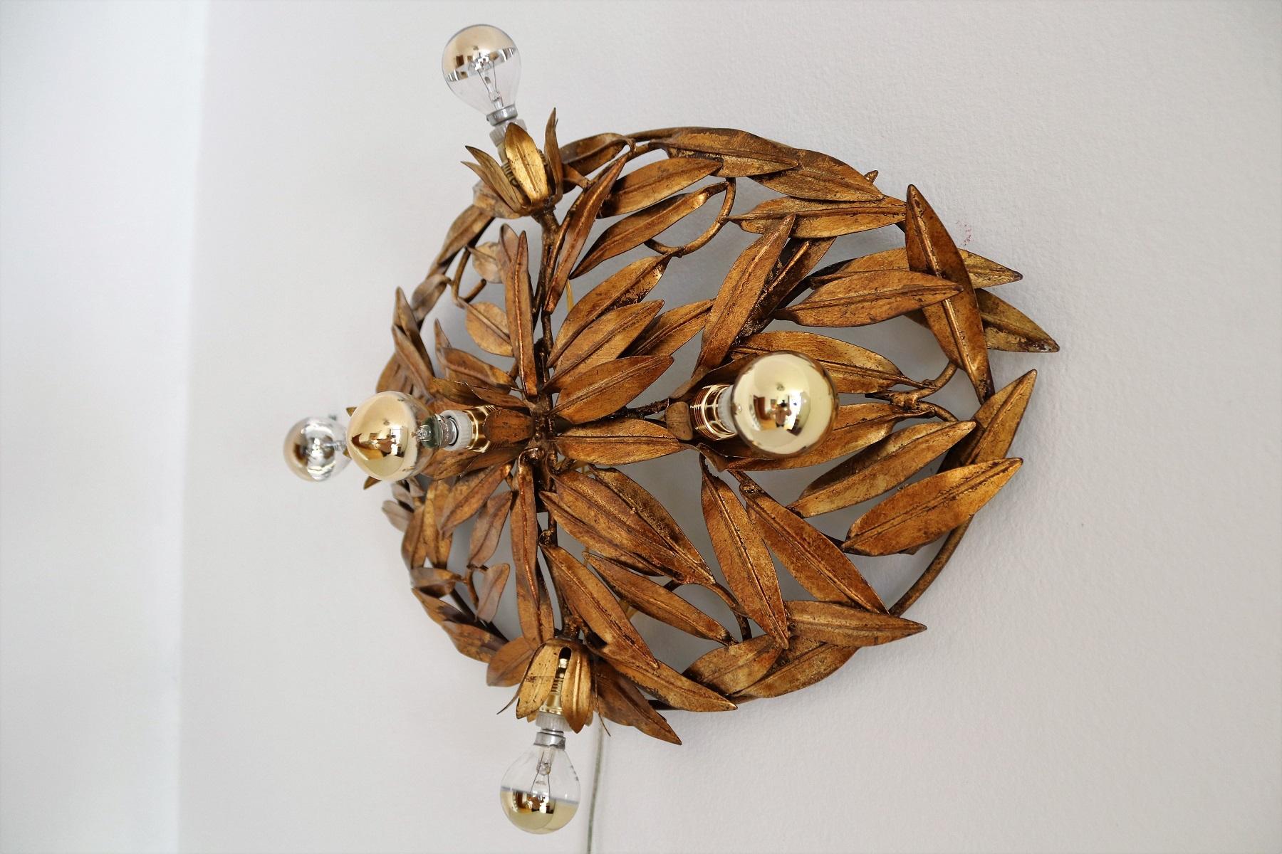 Italian Midcentury Flush Mount Light or Wall Lamp with Gilt Leaves, 1950s 5