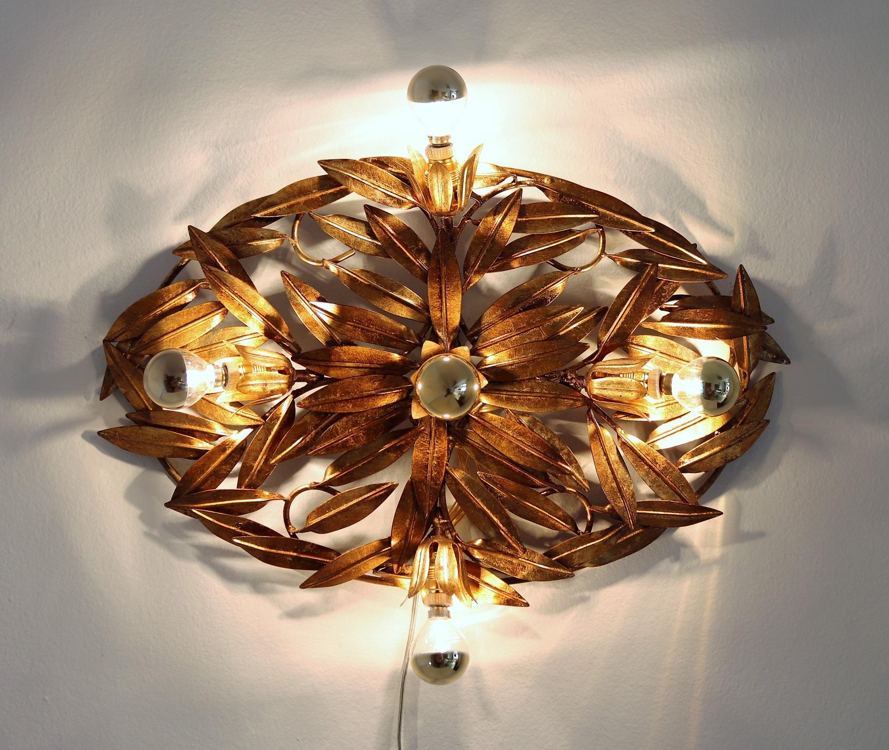 Mid-Century Modern Italian Midcentury Flush Mount Light or Wall Lamp with Gilt Leaves, 1950s