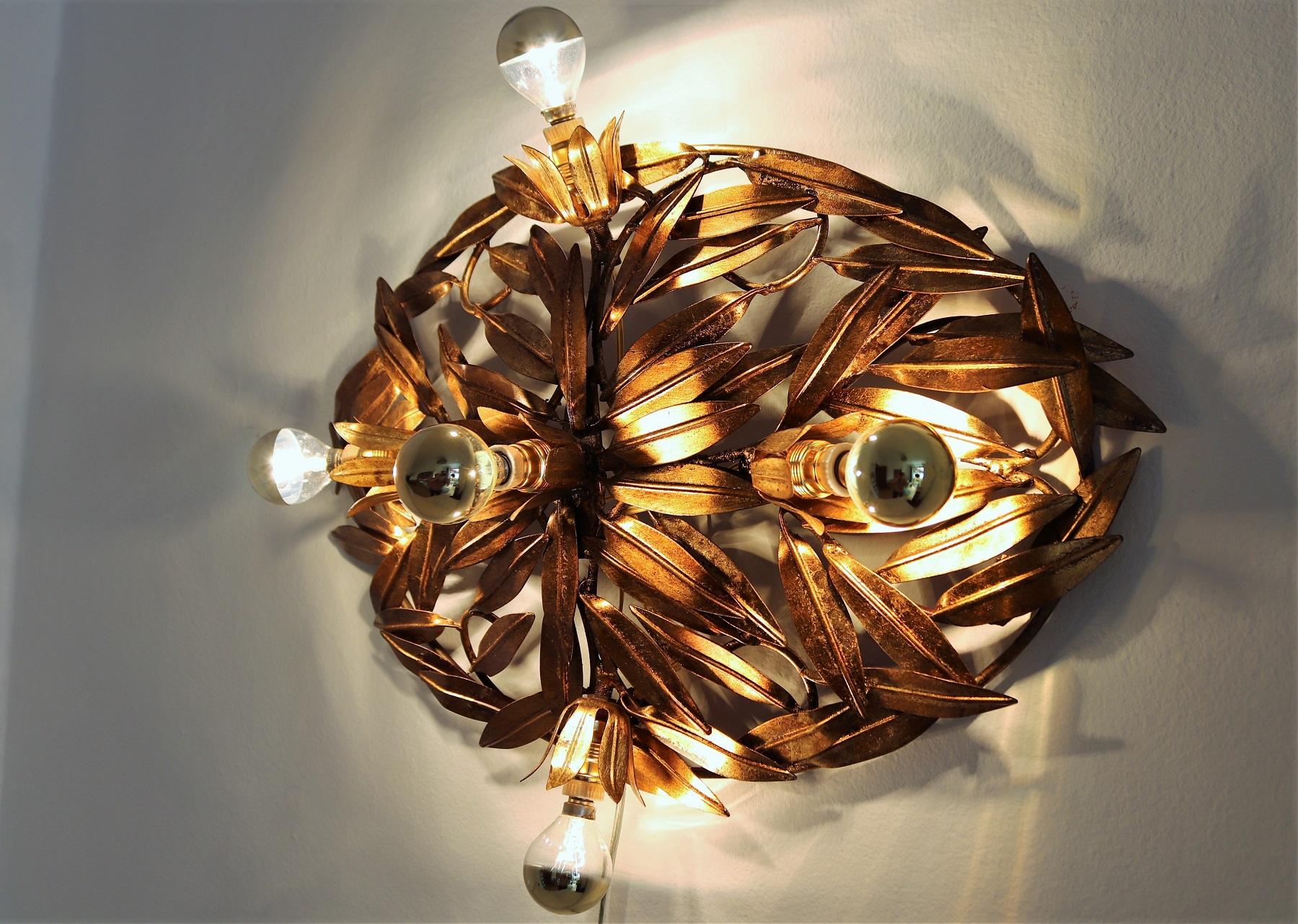 Metal Italian Midcentury Flush Mount Light or Wall Lamp with Gilt Leaves, 1950s