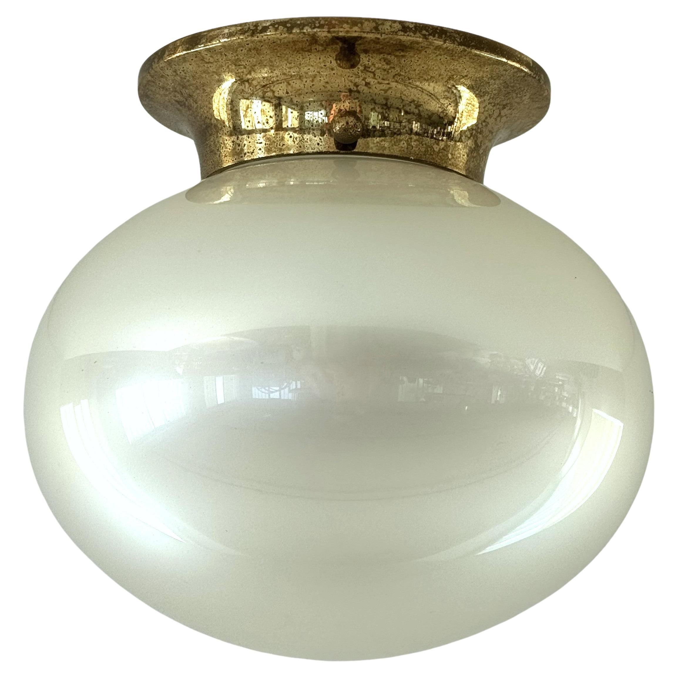 Italian Midcentury Flush Mount Light with Mother of pearl glass and Brass Base For Sale