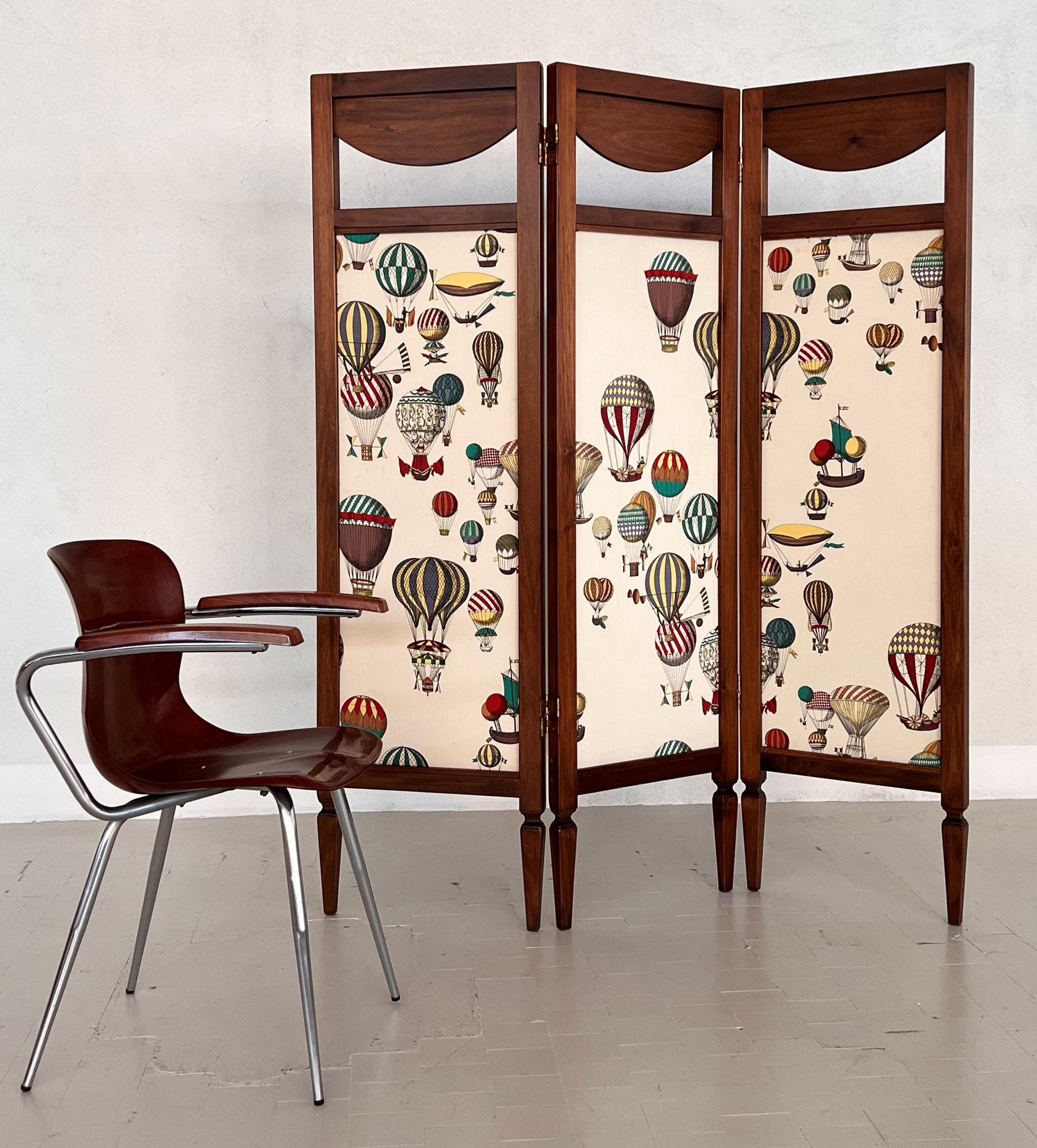 Italian Midcentury Folding Screen Room Divider Paravent with Fornasetti Fabric 11