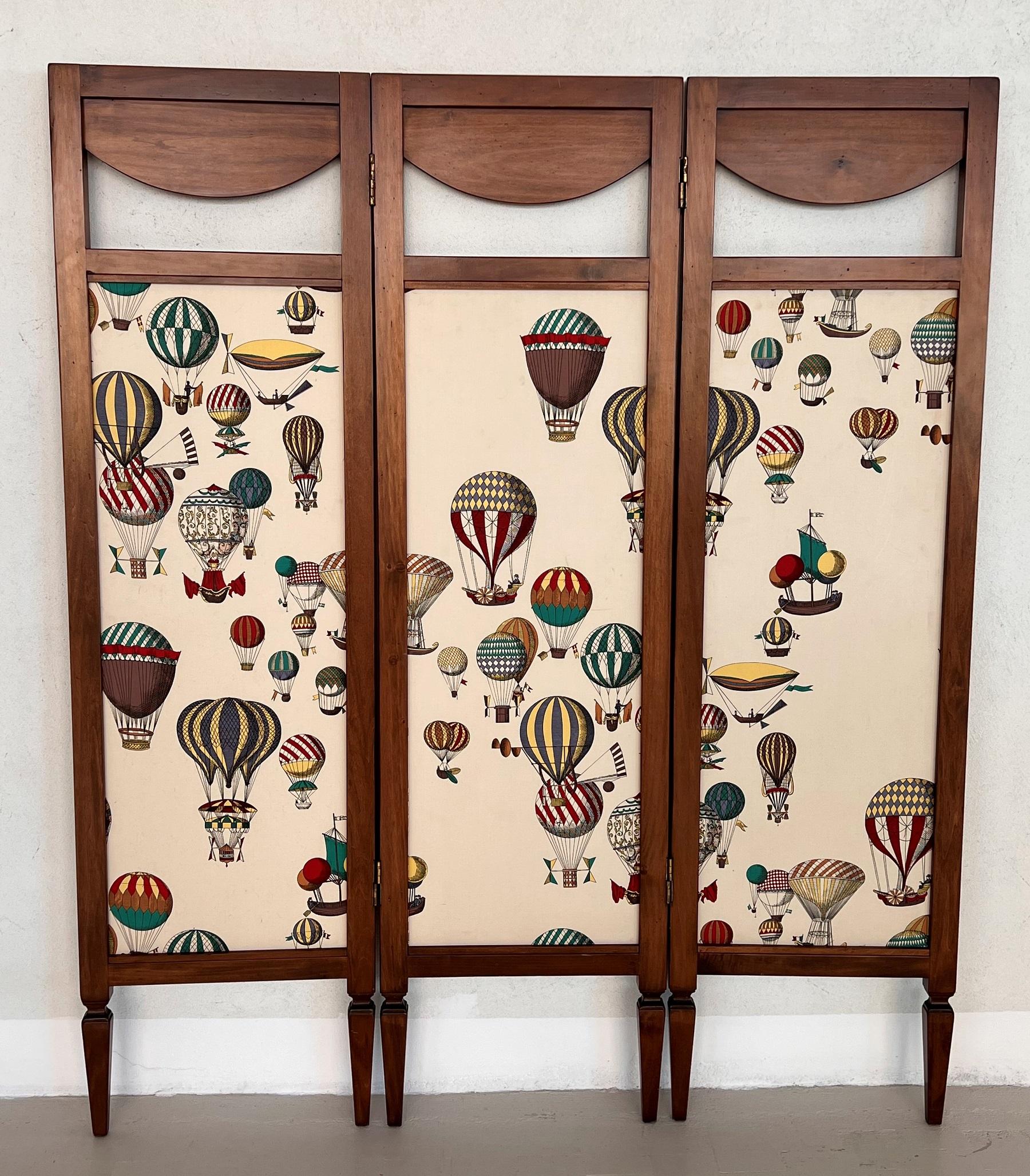 Italian Midcentury Folding Screen Room Divider Paravent with Fornasetti Fabric 12