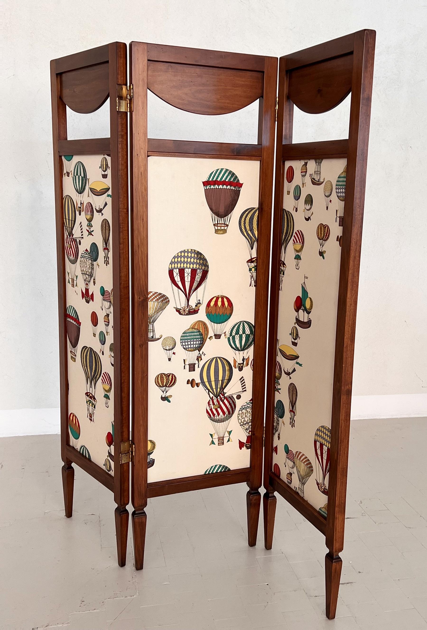 Mid-Century Modern Italian Midcentury Folding Screen Room Divider Paravent with Fornasetti Fabric