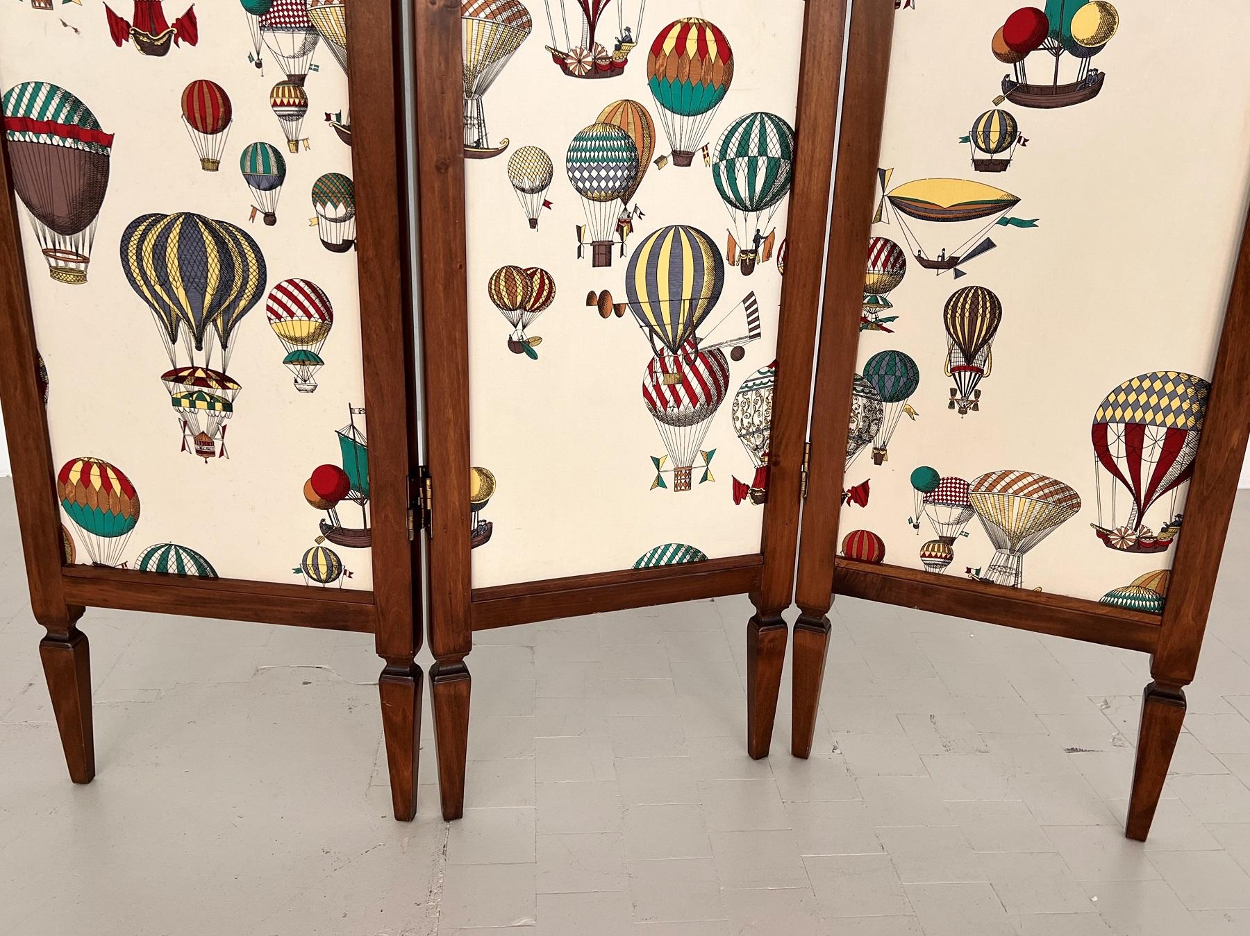 Late 20th Century Italian Midcentury Folding Screen Room Divider Paravent with Fornasetti Fabric