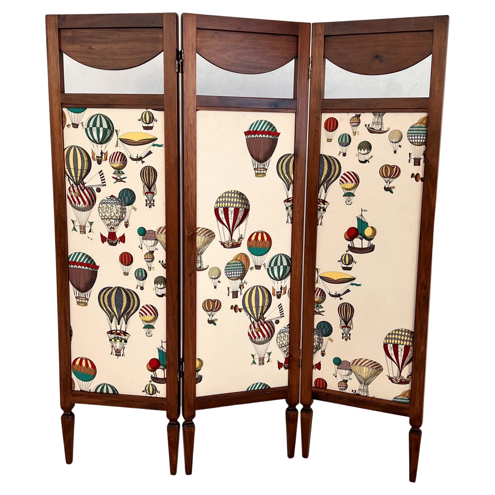Italian Midcentury Folding Screen Room Divider Paravent with Fornasetti Fabric