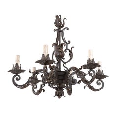 Italian Midcentury Forged-Iron Chandelier Adorned with Scrolls and Acanthus Leaf