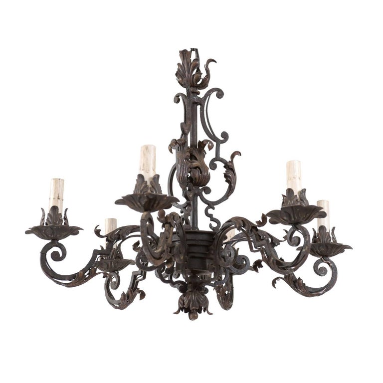 Italian Midcentury Forged Iron Chandelier Adorned With Scrolls And - Acanthus Leaf Iron Chandelier Italian Midcentury Forged Iron Chandelier Adorned With Scrolls And - Acanthus Leaf Iron Chandelier