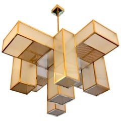 Italian Mid-Century Geometric Chandelier Brass and Frosted Glass, 1980s