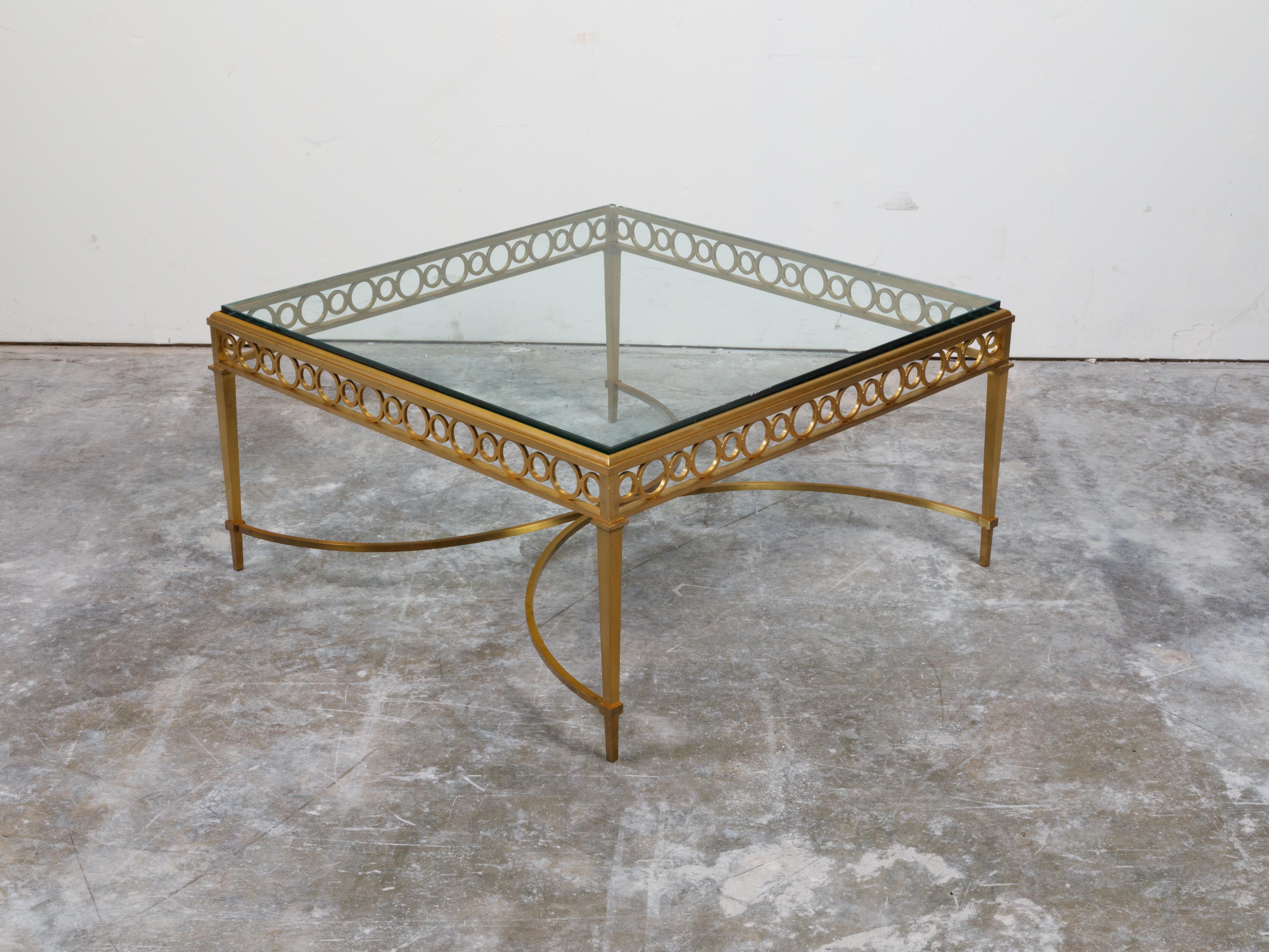 Italian Midcentury Gilt Bronze Coffee Table with Glass Top and Ring Motifs For Sale 5