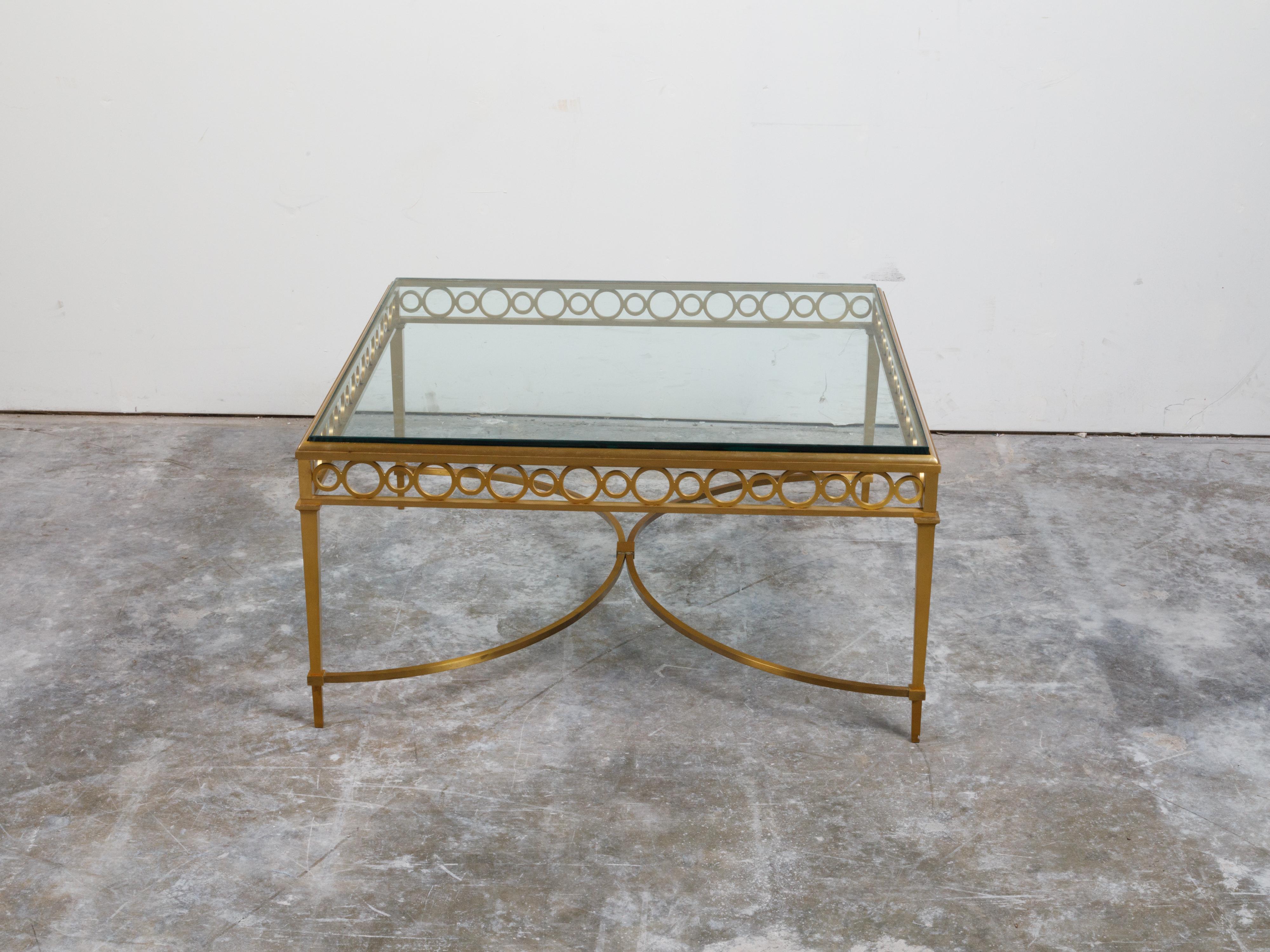 Italian Midcentury Gilt Bronze Coffee Table with Glass Top and Ring Motifs For Sale 3