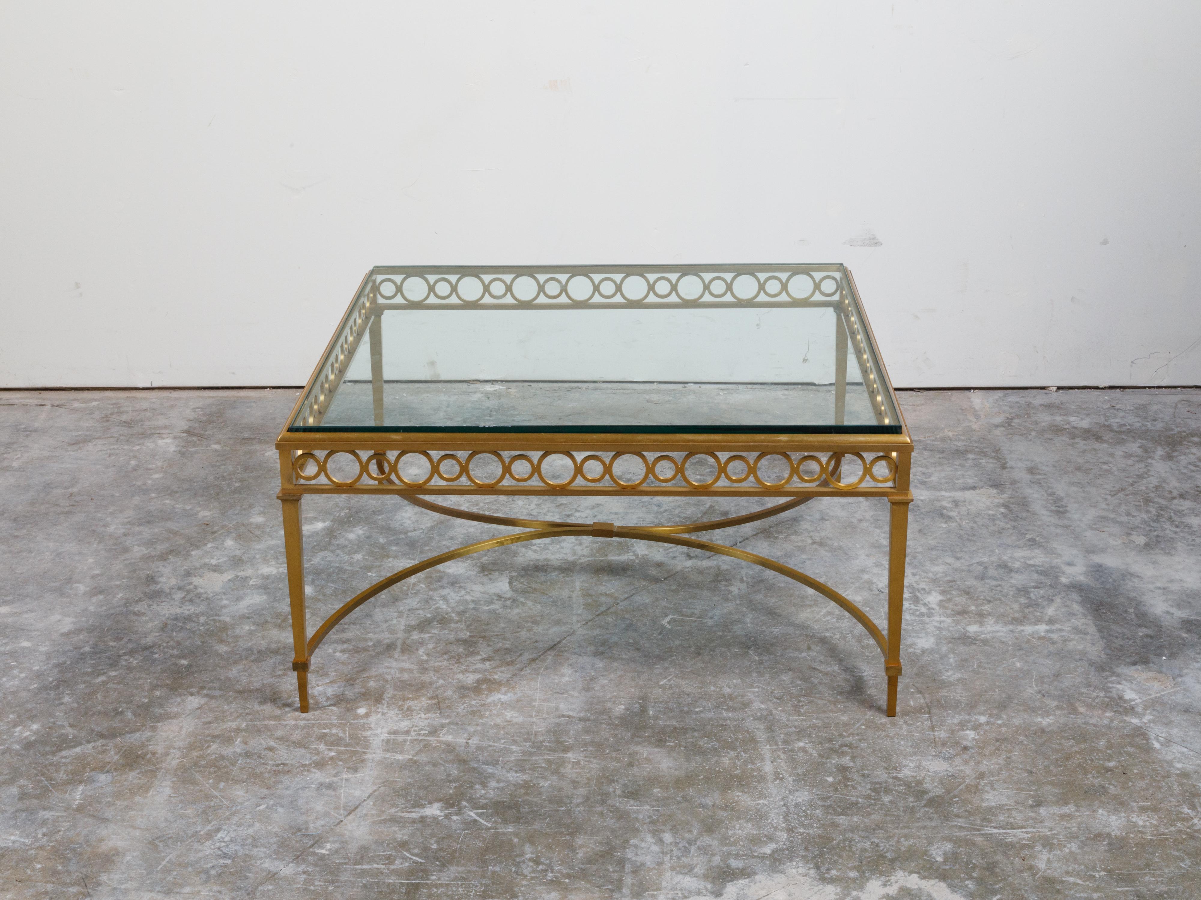 Italian Midcentury Gilt Bronze Coffee Table with Glass Top and Ring Motifs For Sale 4