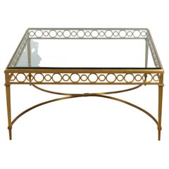 Italian Midcentury Gilt Bronze Coffee Table with Glass Top and Ring Motifs
