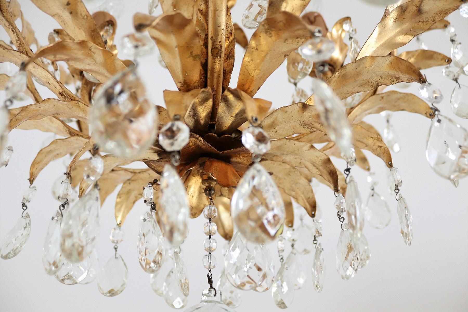 Italian Midcentury Gilt Crystal Flush Mount Chandelier with Leafes by Banci  4
