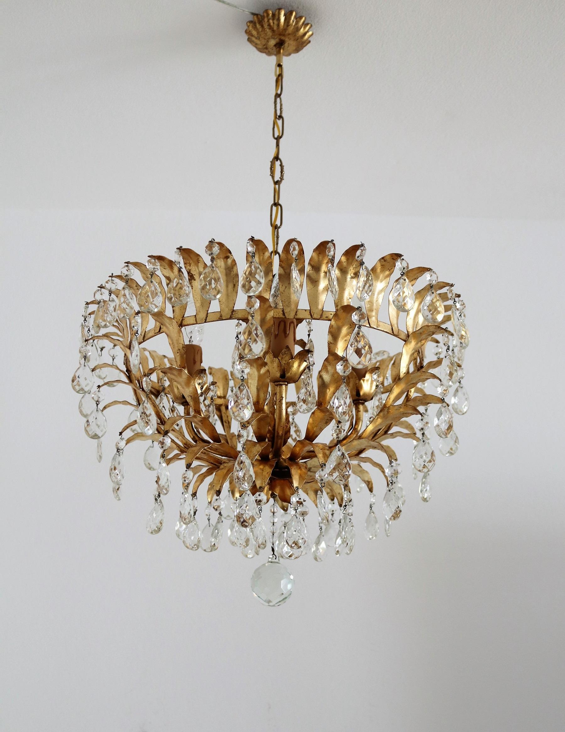 Italian Midcentury Gilt Crystal Flush Mount Chandelier with Leafes by Banci  6