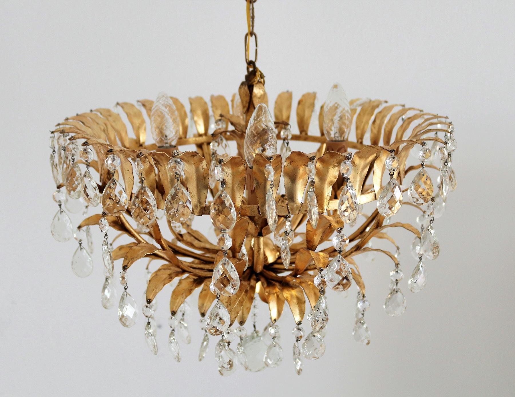 Italian Midcentury Gilt Crystal Flush Mount Chandelier with Leafes by Banci  7