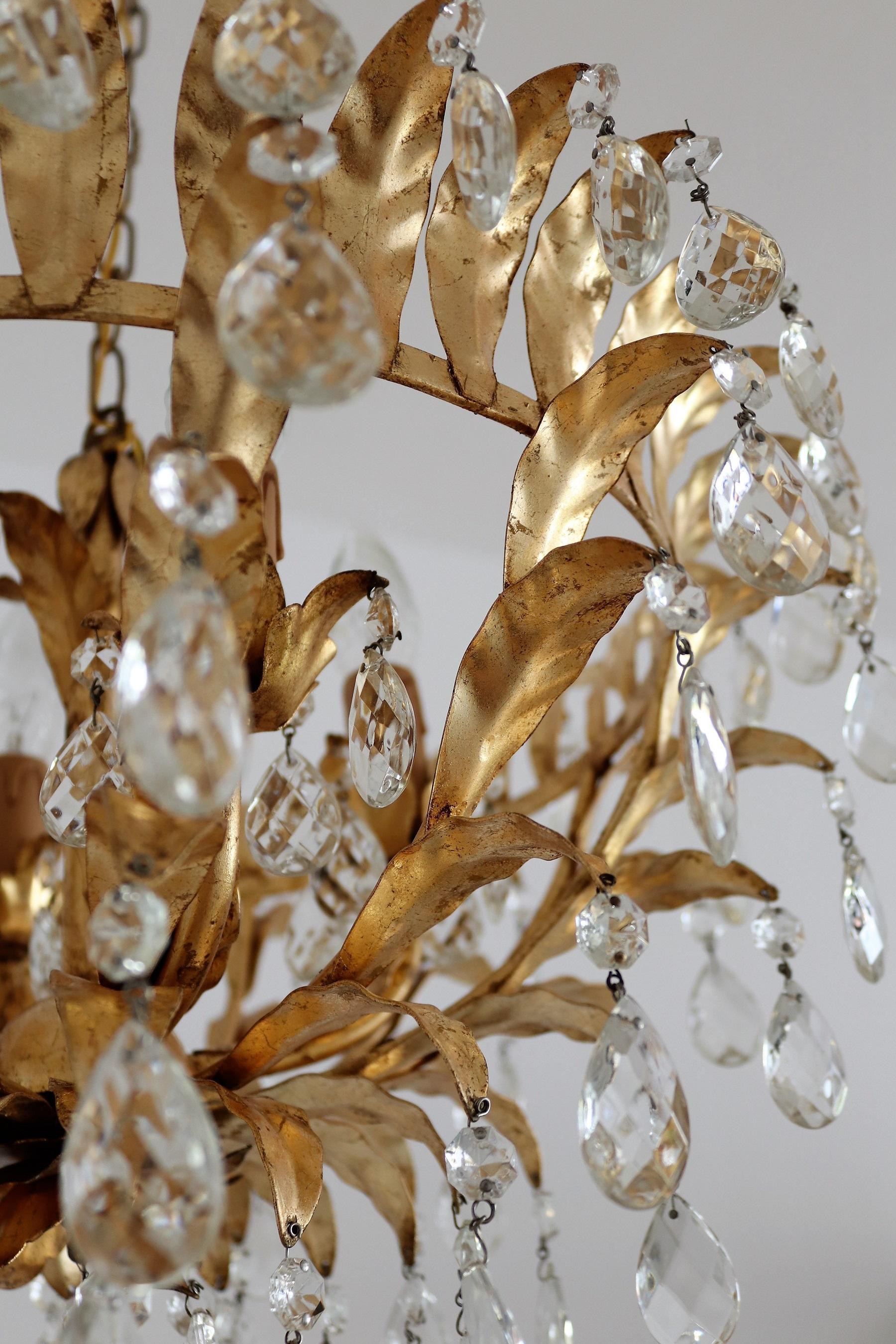 Italian Midcentury Gilt Crystal Flush Mount Chandelier with Leafes by Banci  9