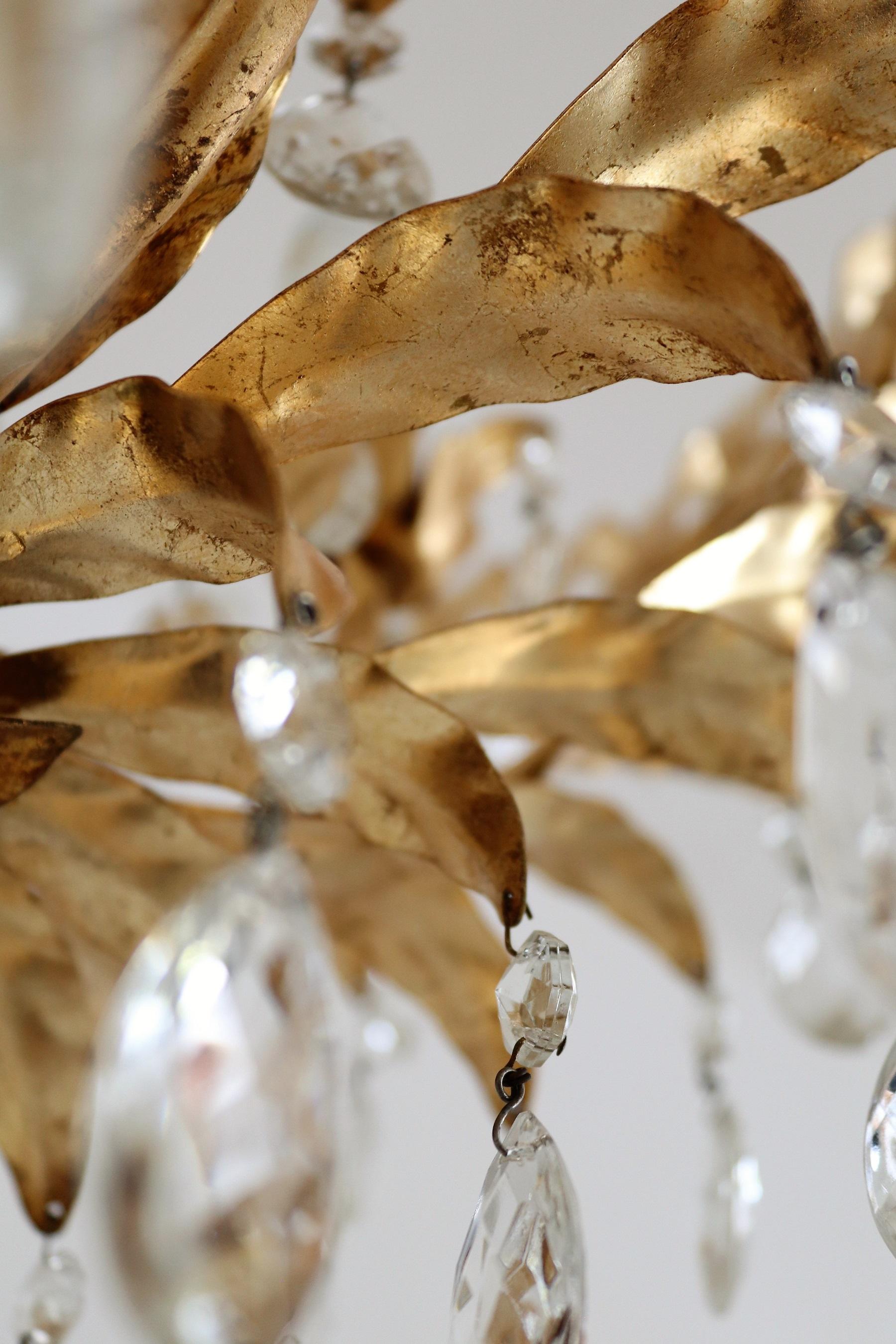 Italian Midcentury Gilt Crystal Flush Mount Chandelier with Leafes by Banci  10