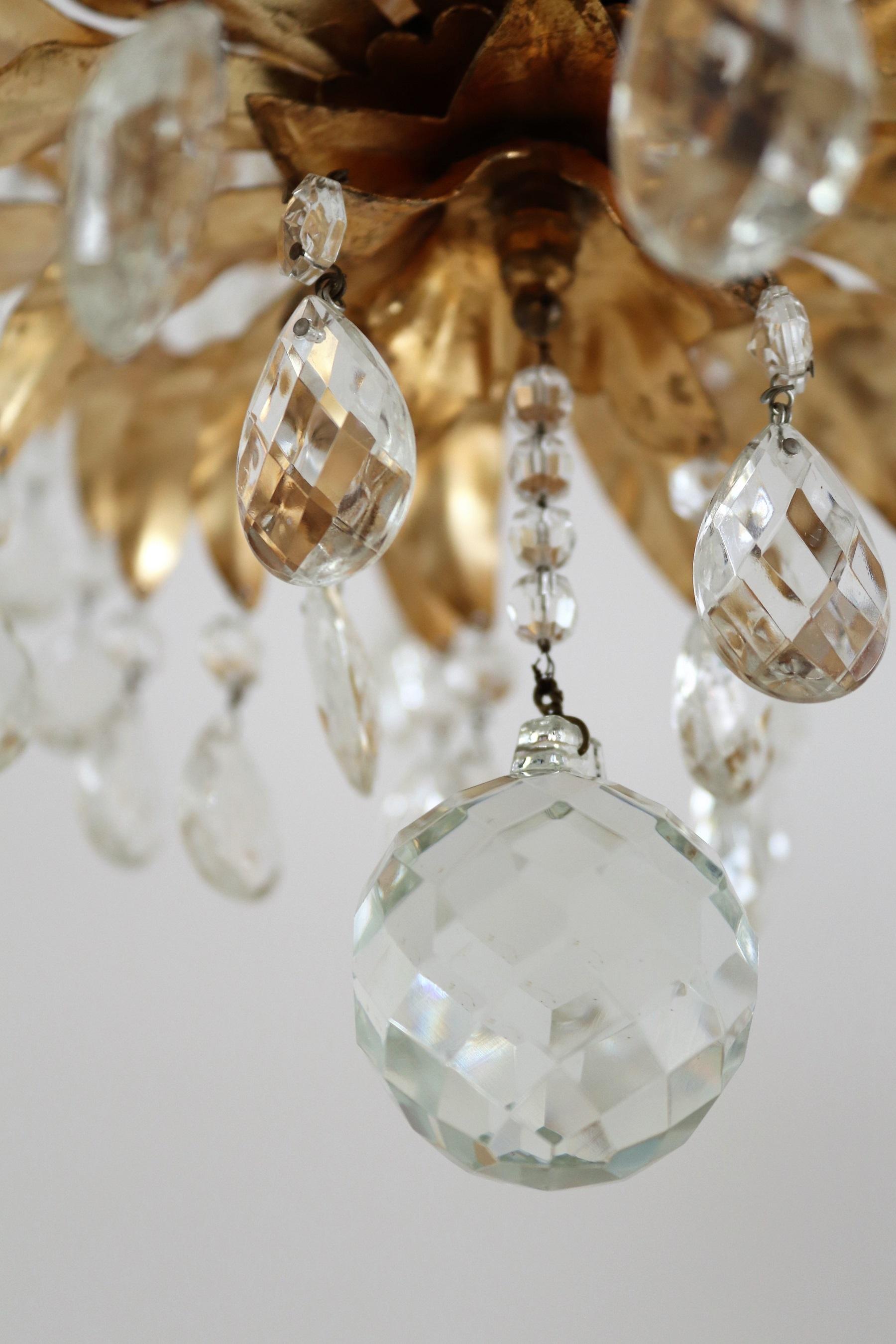 Italian Midcentury Gilt Crystal Flush Mount Chandelier with Leafes by Banci  11