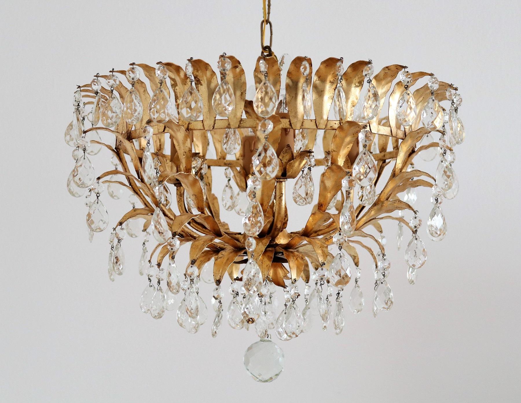 Italian Midcentury Gilt Crystal Flush Mount Chandelier with Leafes by Banci  12