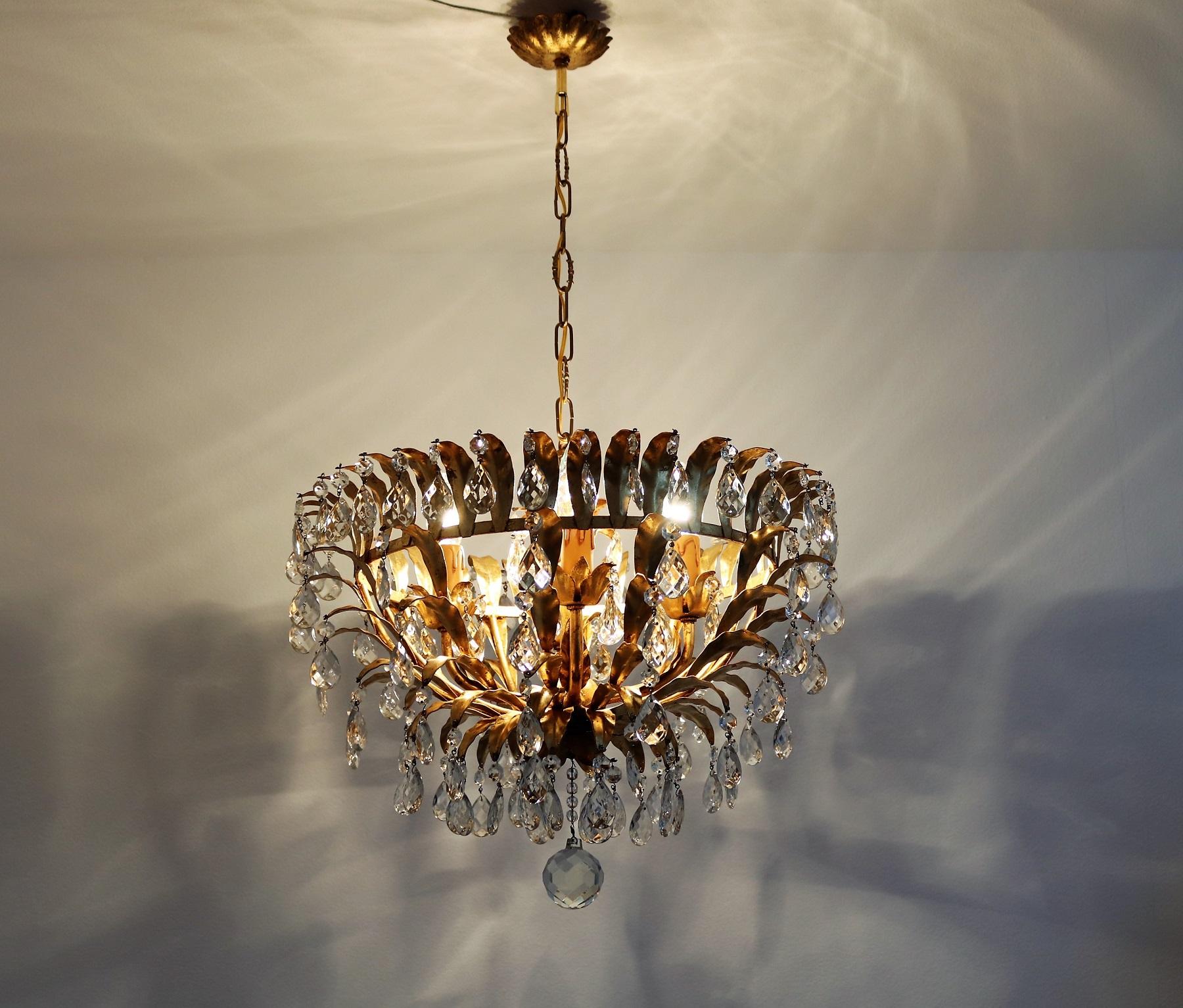 Italian Midcentury Gilt Crystal Flush Mount Chandelier with Leafes by Banci  13