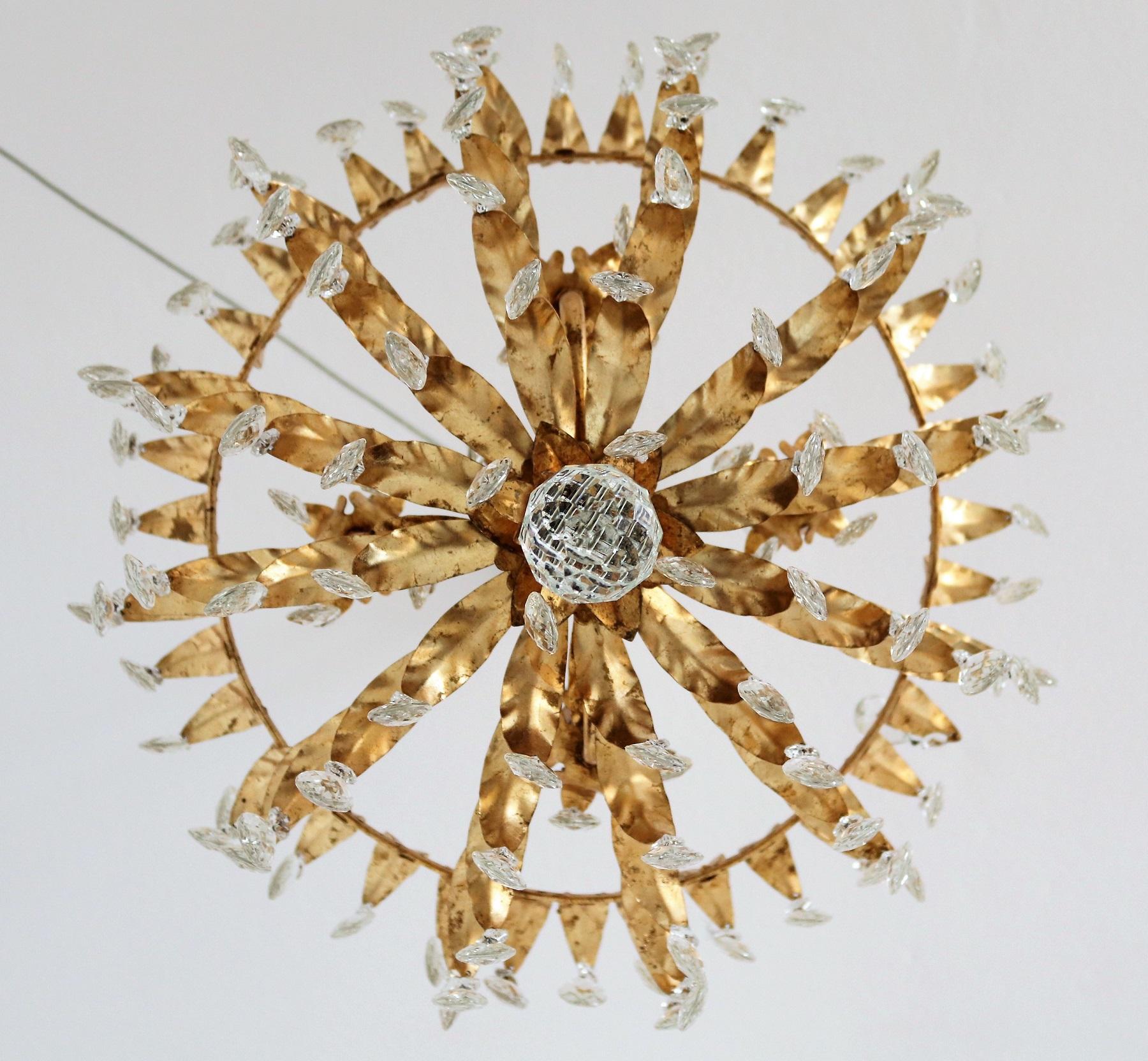 Italian Midcentury Gilt Crystal Flush Mount Chandelier with Leafes by Banci  14