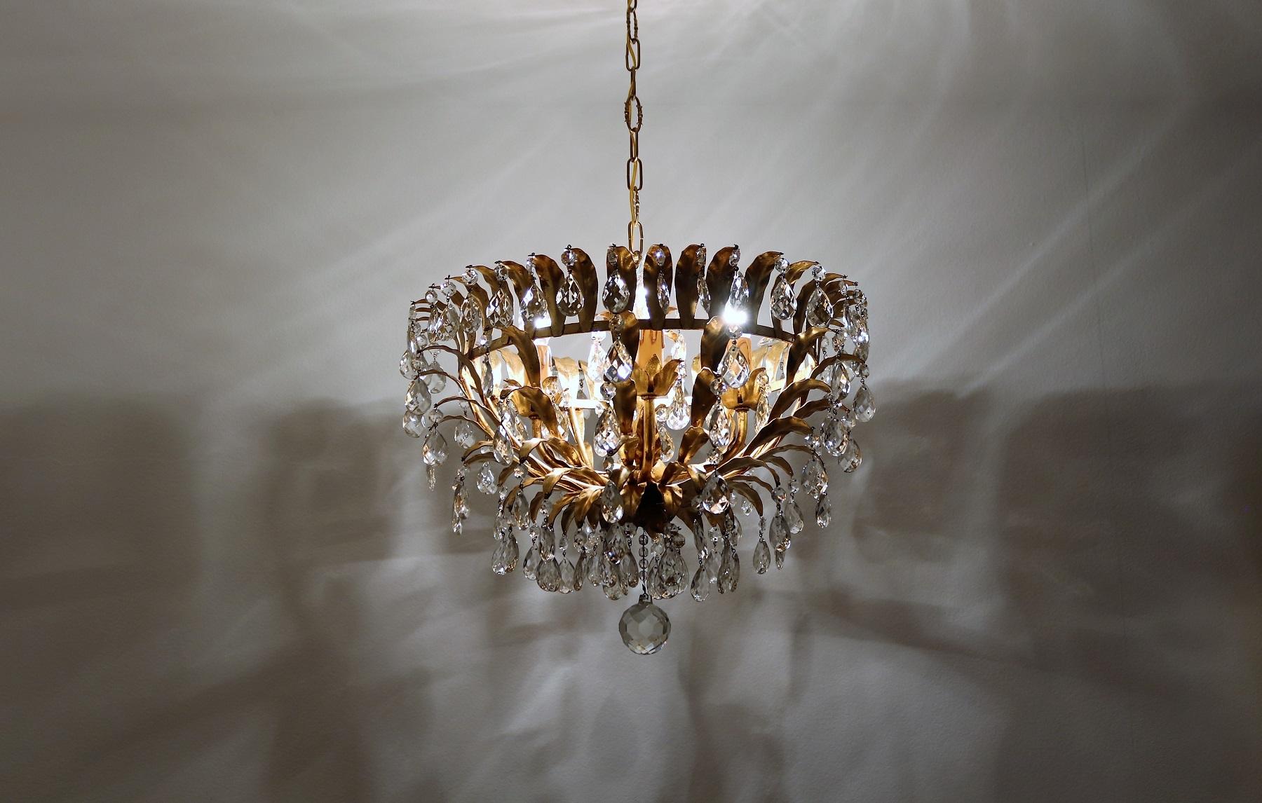 Italian Midcentury Gilt Crystal Flush Mount Chandelier with Leafes by Banci  In Good Condition In Morazzone, Varese