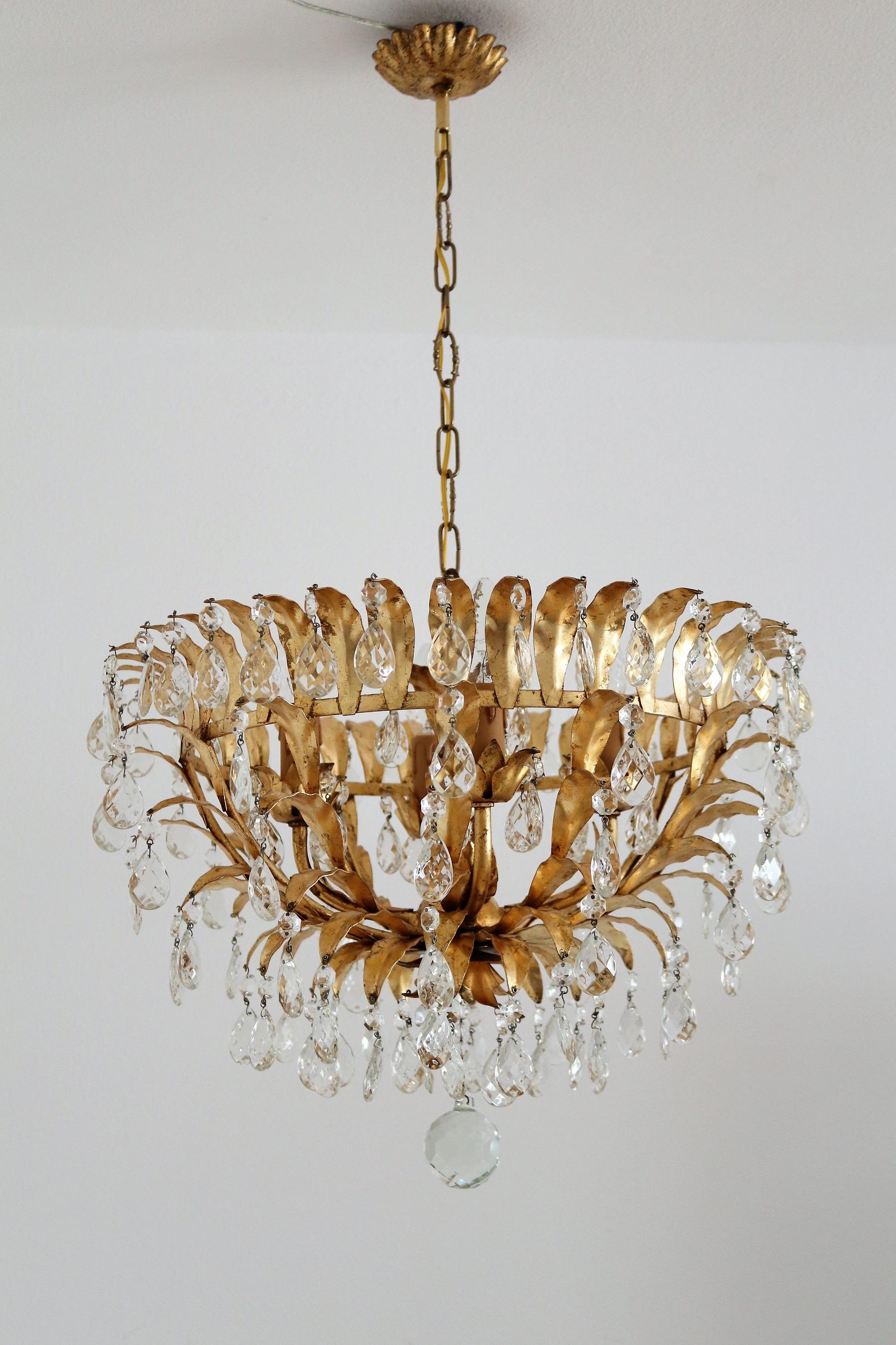 20th Century Italian Midcentury Gilt Crystal Flush Mount Chandelier with Leafes by Banci 