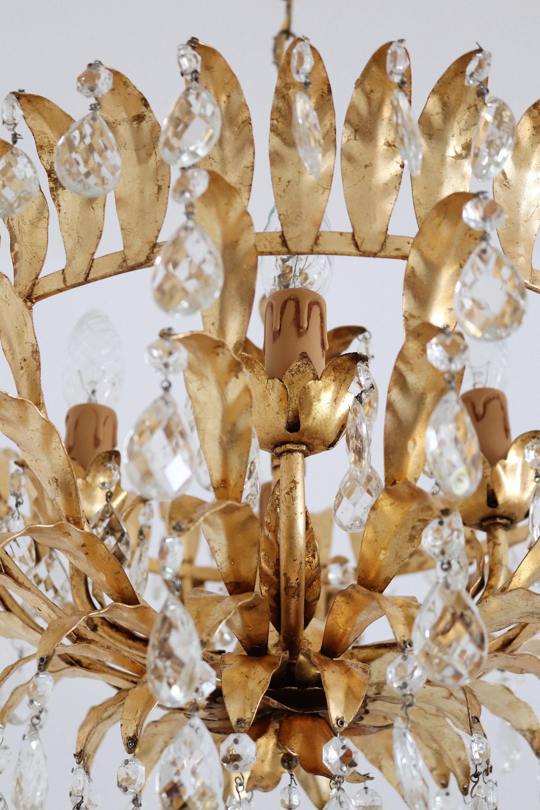 Italian Midcentury Gilt Crystal Flush Mount Chandelier with Leafes by Banci  1