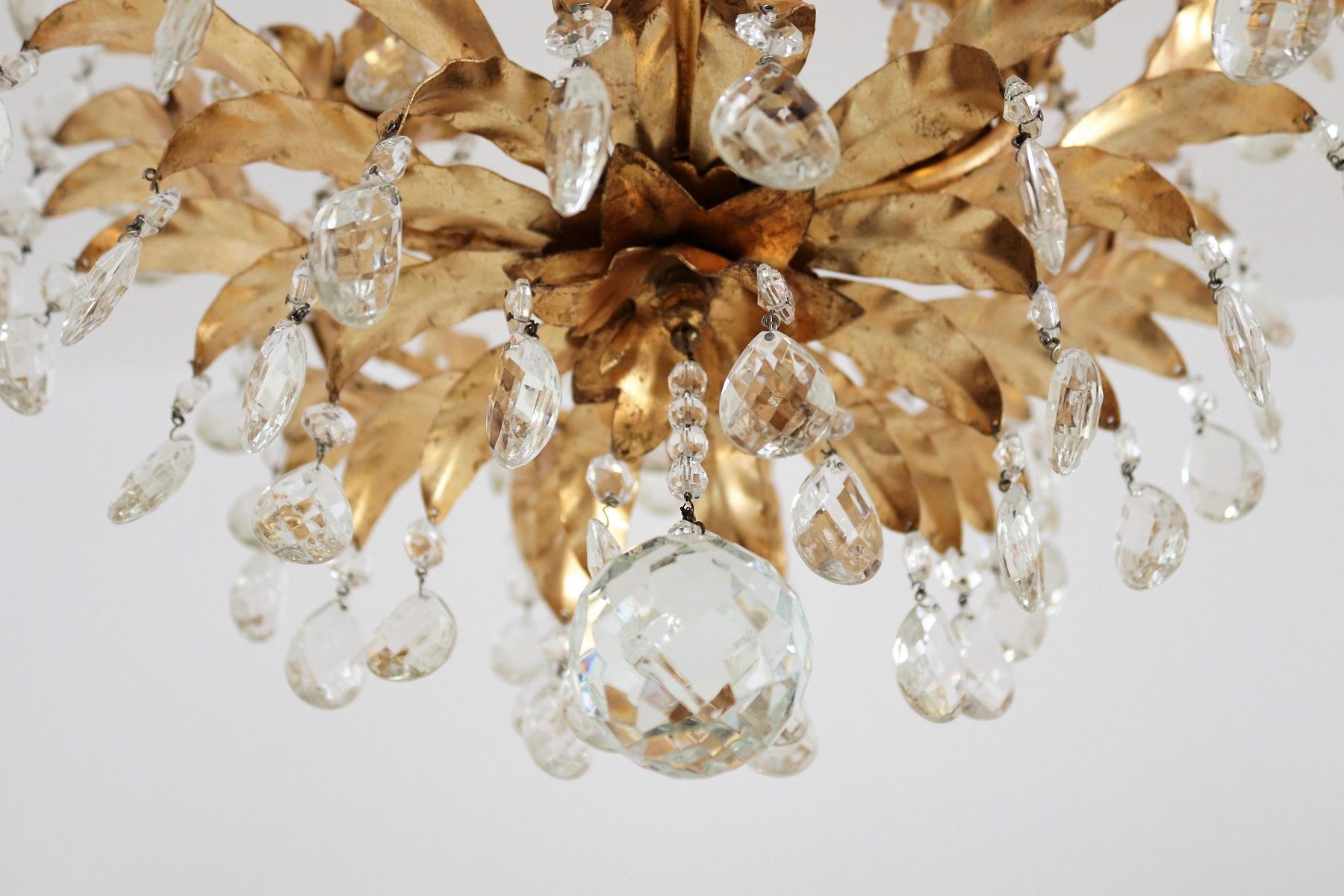 Italian Midcentury Gilt Crystal Flush Mount Chandelier with Leafes by Banci  2