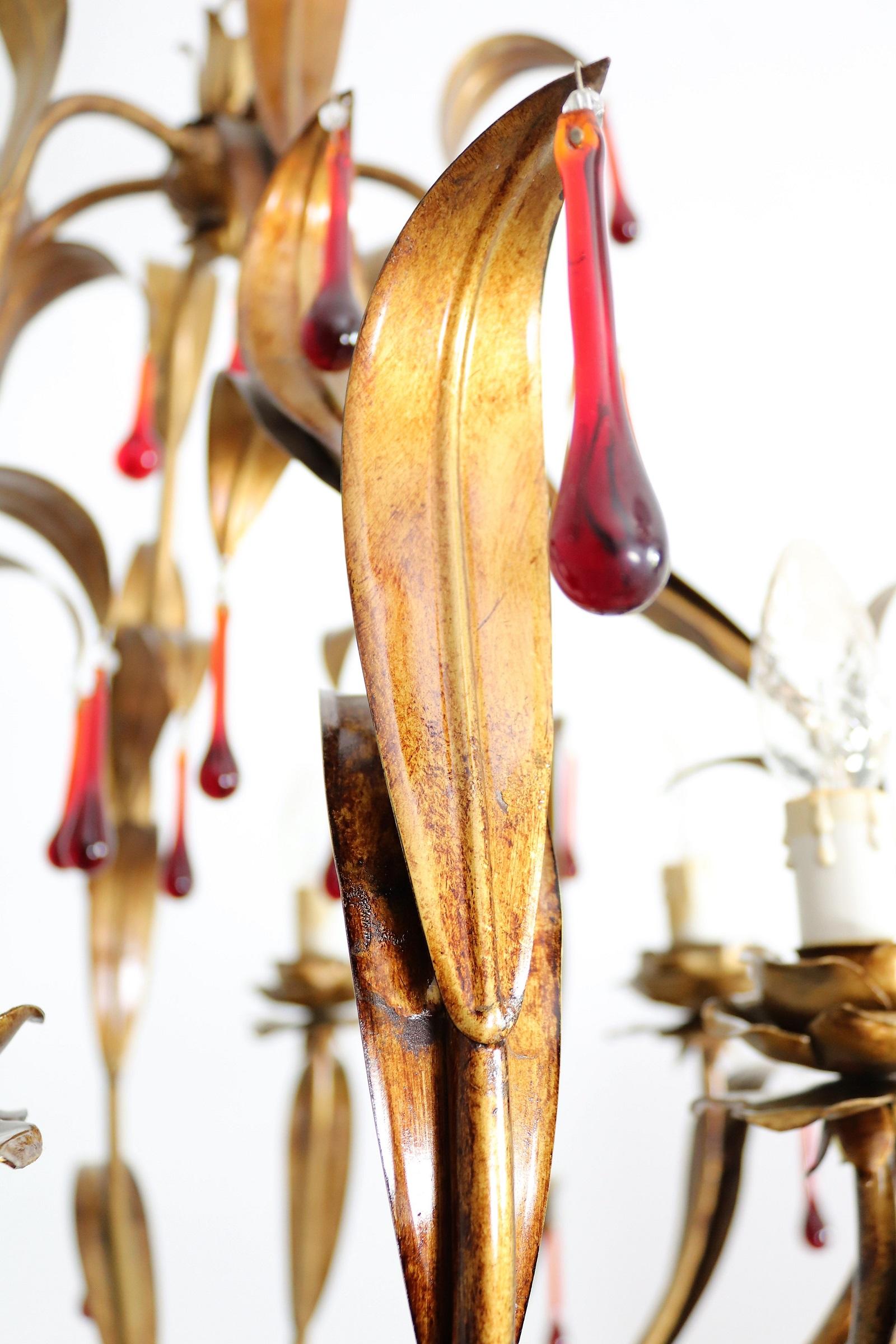 Italian Midcentury Gilt Florentine Chandelier with Red Murano Glass Drops, 1970s For Sale 4