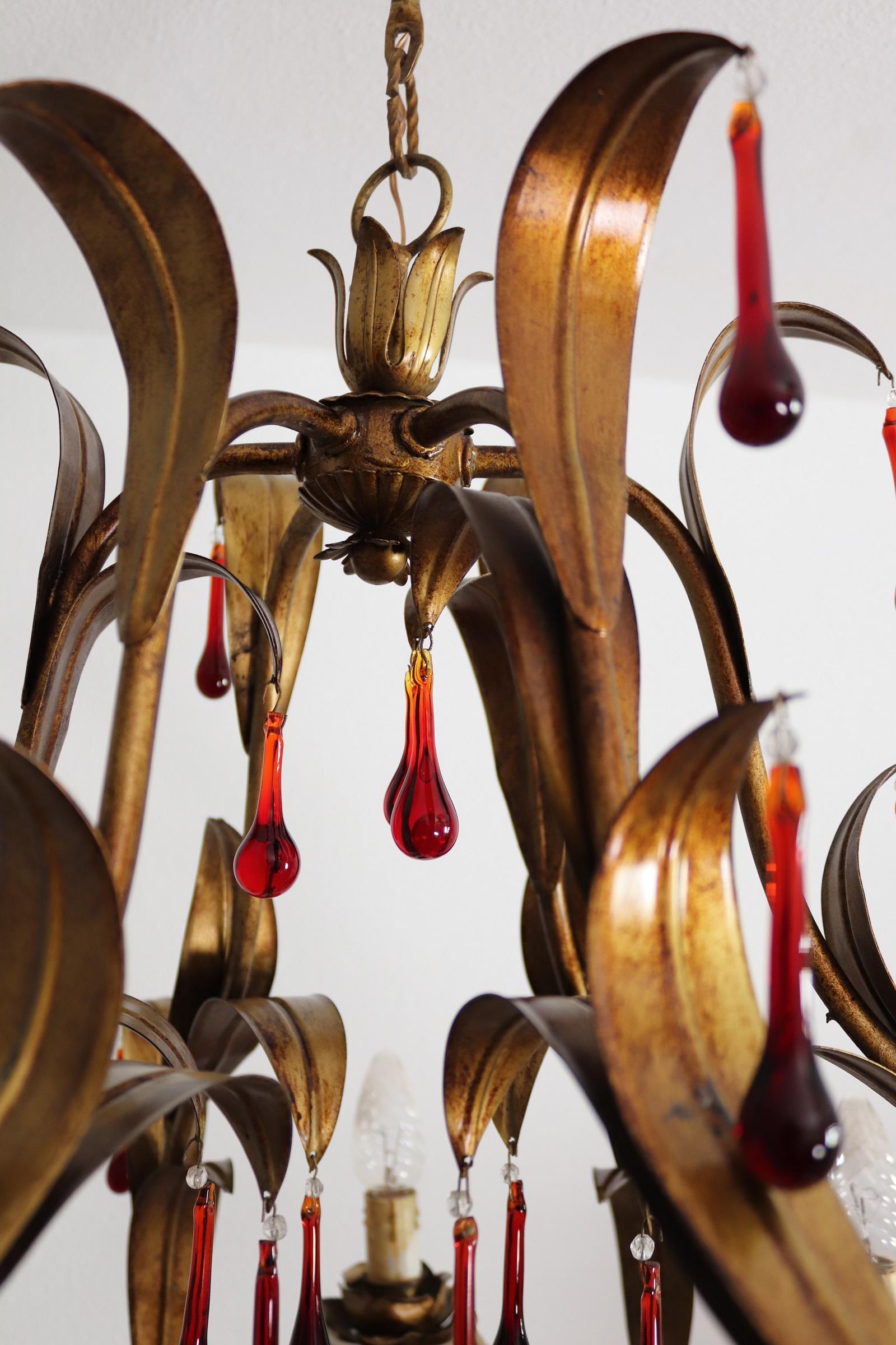 Italian Midcentury Gilt Florentine Chandelier with Red Murano Glass Drops, 1970s For Sale 5