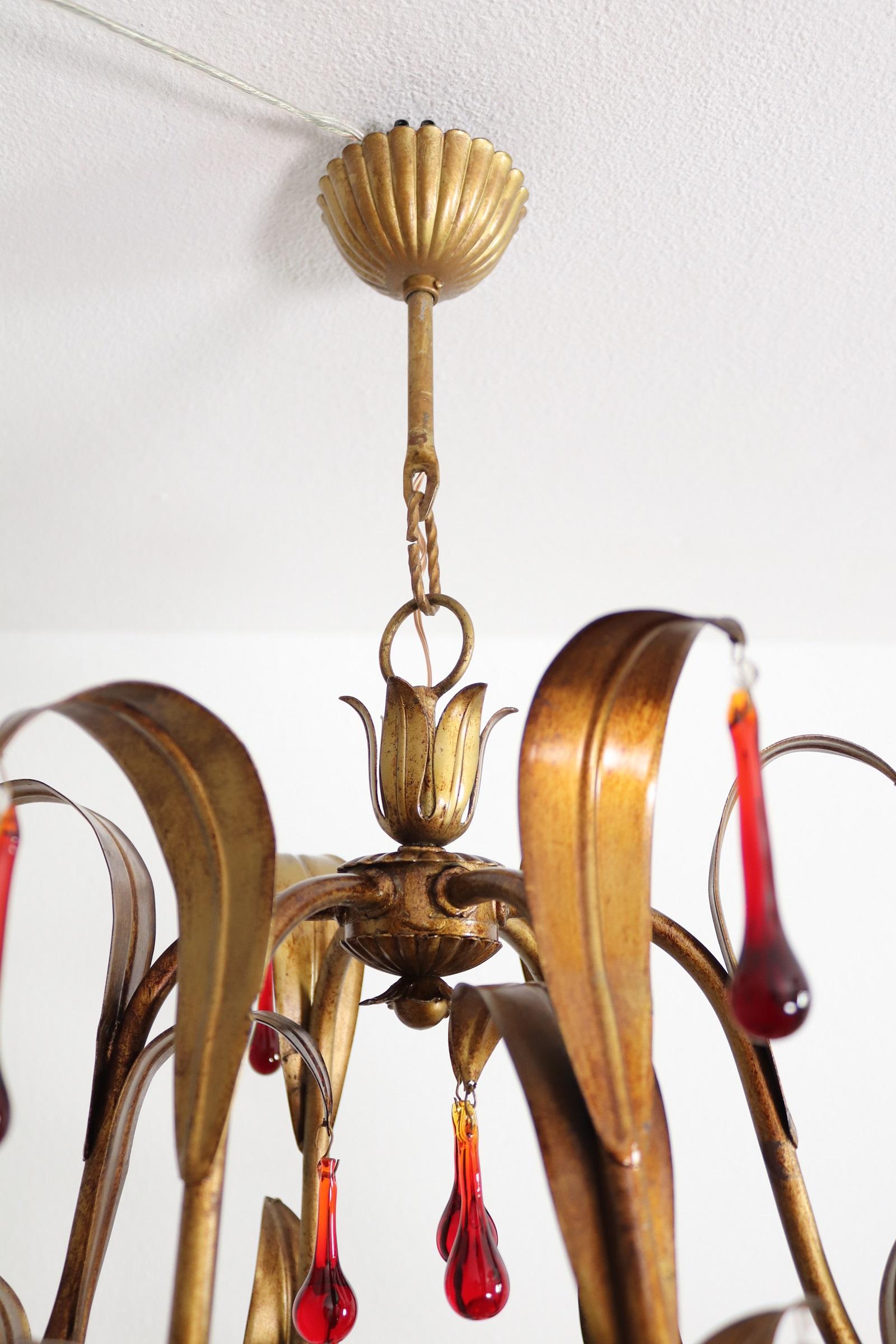 Italian Midcentury Gilt Florentine Chandelier with Red Murano Glass Drops, 1970s For Sale 7