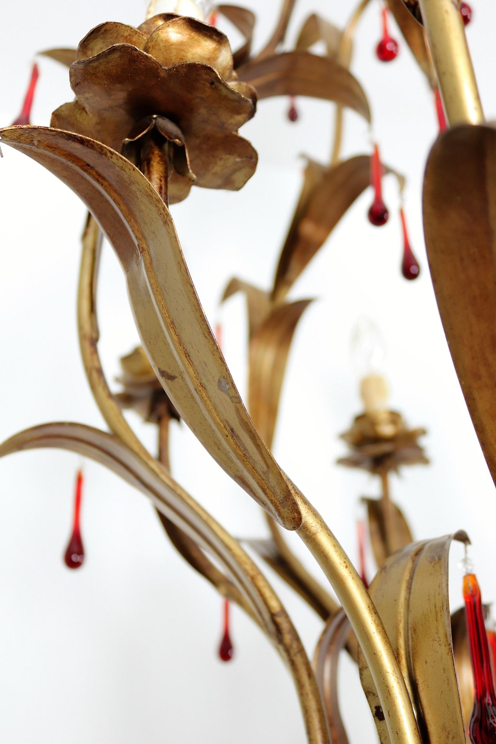 Italian Midcentury Gilt Florentine Chandelier with Red Murano Glass Drops, 1970s For Sale 8