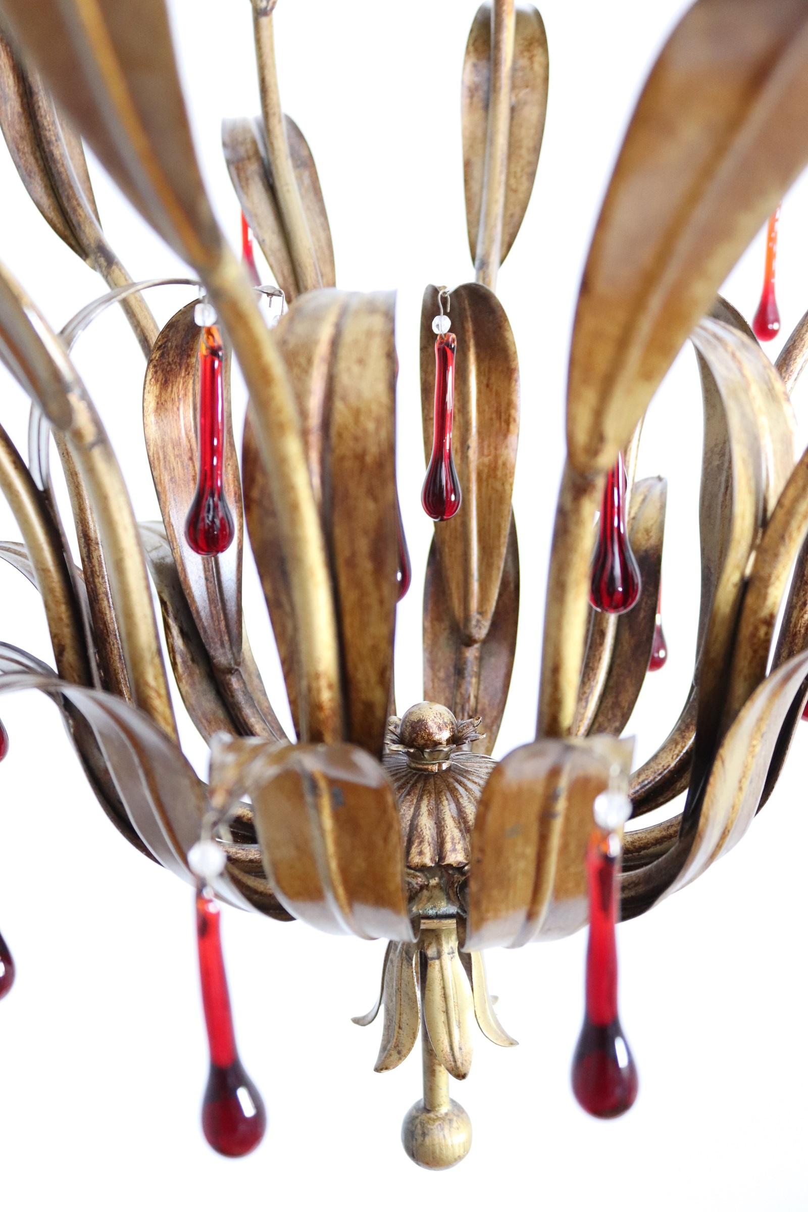 Italian Midcentury Gilt Florentine Chandelier with Red Murano Glass Drops, 1970s For Sale 9