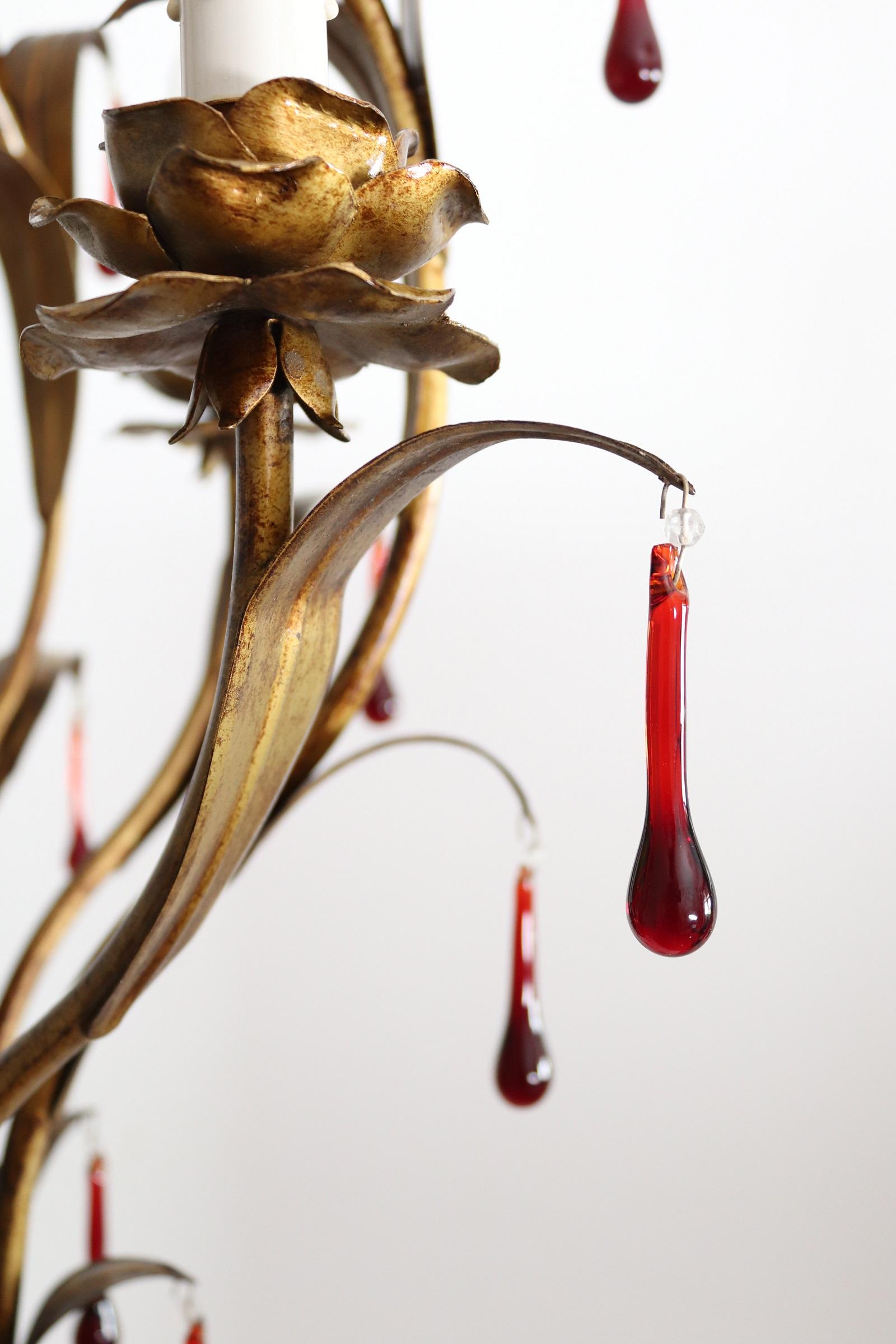 Italian Midcentury Gilt Florentine Chandelier with Red Murano Glass Drops, 1970s For Sale 10