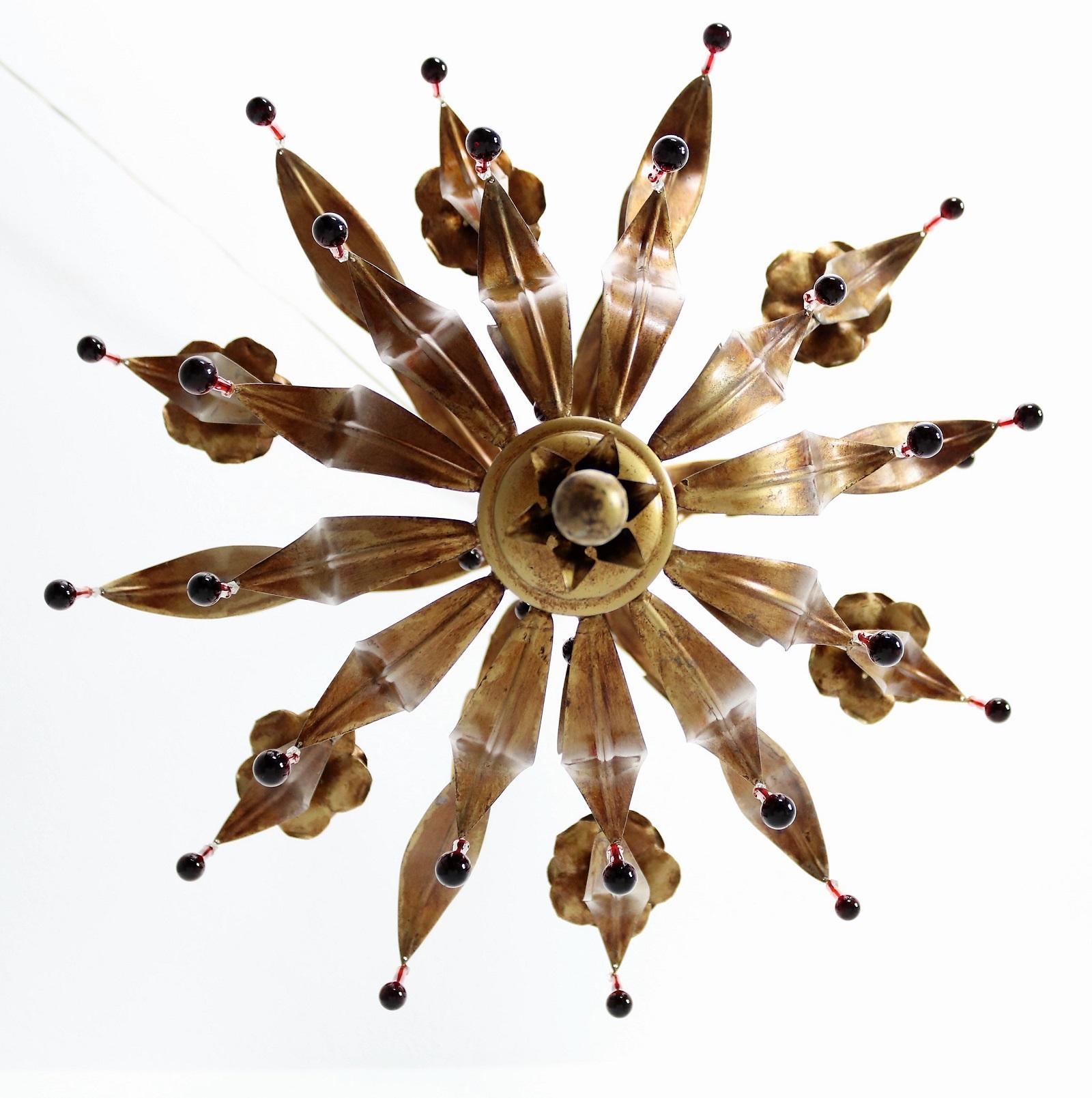Italian Midcentury Gilt Florentine Chandelier with Red Murano Glass Drops, 1970s For Sale 11