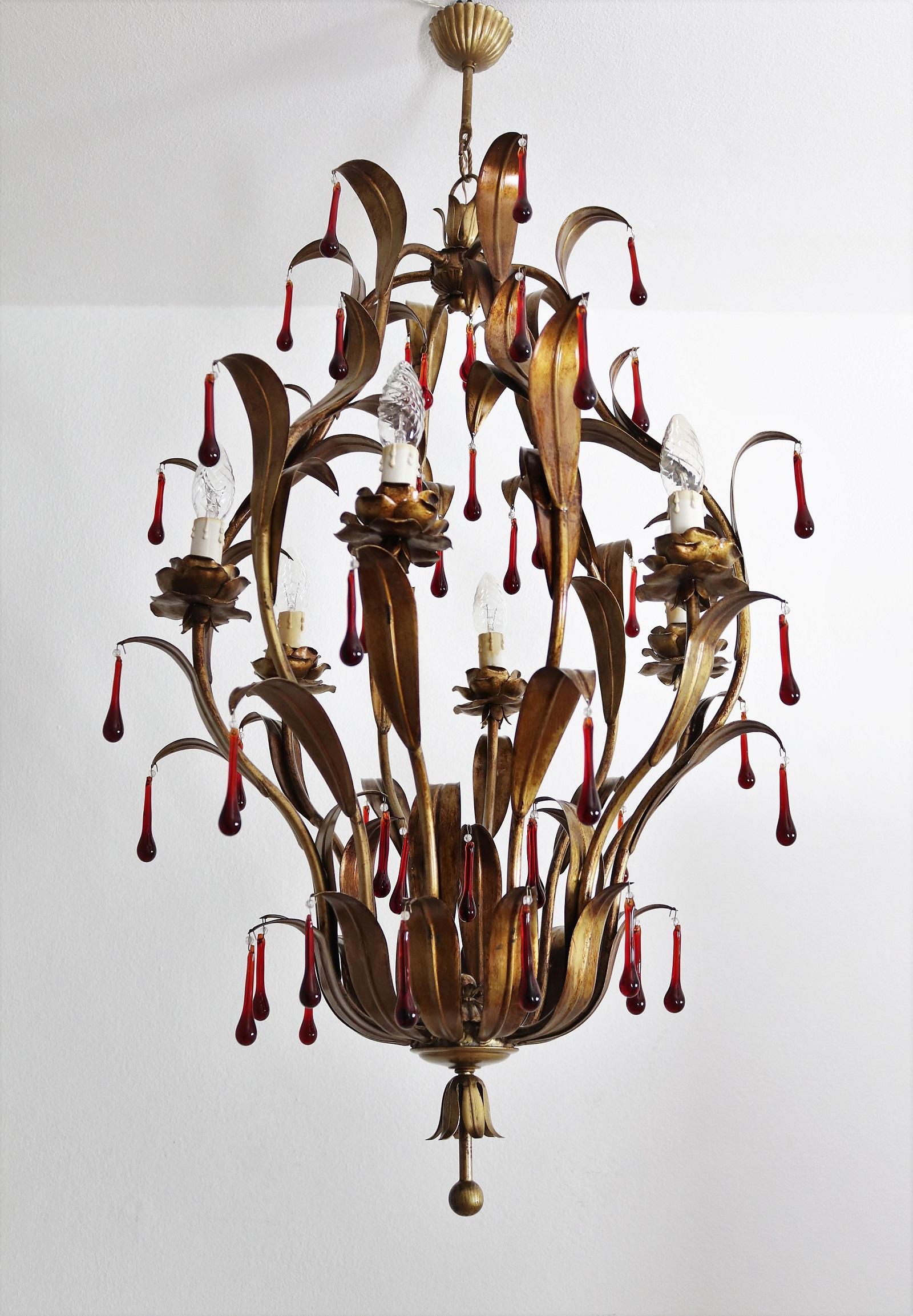 Italian Midcentury Gilt Florentine Chandelier with Red Murano Glass Drops, 1970s For Sale 12