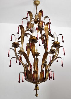 Italian Midcentury Gilt Florentine Chandelier with Red Murano Glass Drops, 1970s