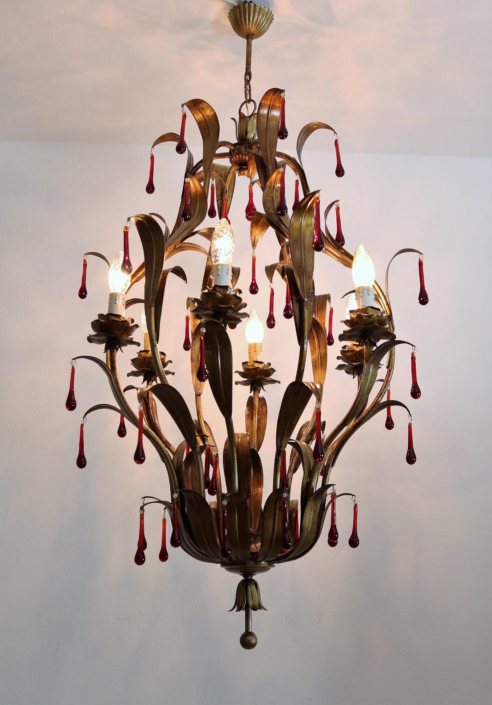 Mid-Century Modern Italian Midcentury Gilt Florentine Chandelier with Red Murano Glass Drops, 1970s For Sale