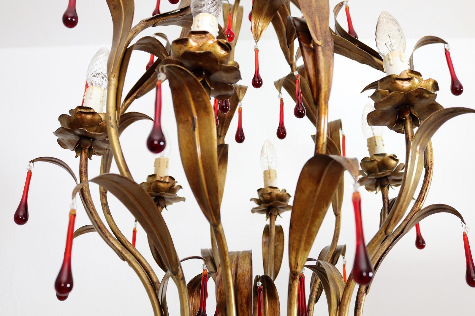 Mid-20th Century Italian Midcentury Gilt Florentine Chandelier with Red Murano Glass Drops, 1970s For Sale
